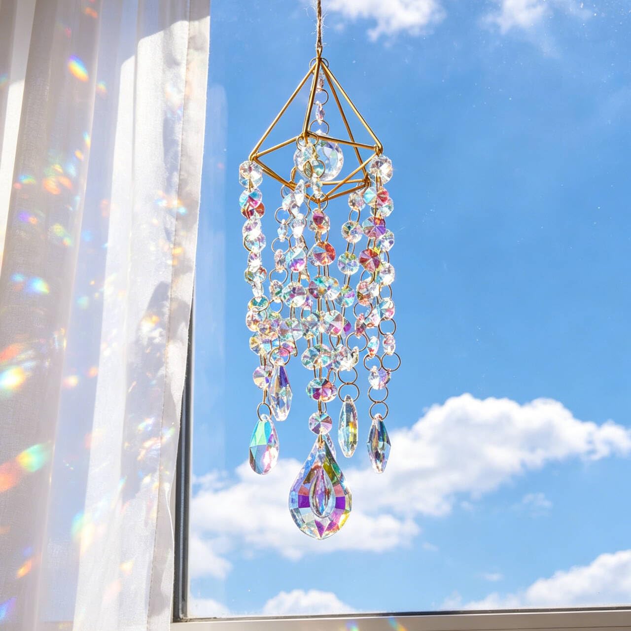 Handmade Gold Plated Crystal Suncatchers | Window Hanging Rainbow Prism Sun Catcher, Indoor Outdoor Garden Wind Chime Decor