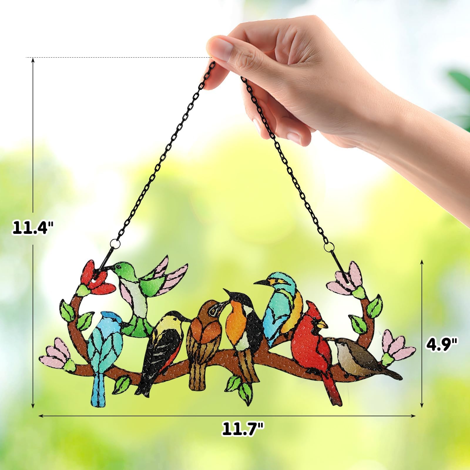 Stained Glass Birds on Branch Suncatcher, Cardinal Hummingbird Kingfisher Double Sided Window Hanging Ornament, Gift for Bird Lovers