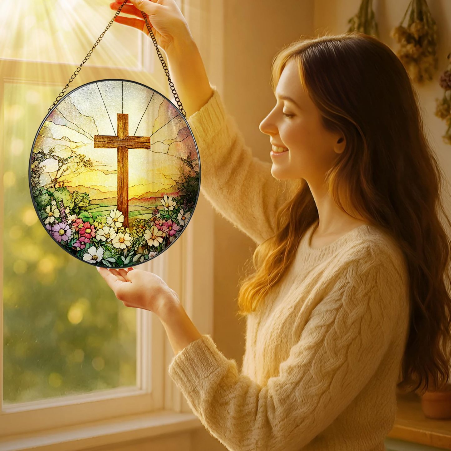 8 Inch Stained Glass Cross with Wildflowers Suncatcher, Christian Window Hanging Decor, Religious Easter & Faith Gift