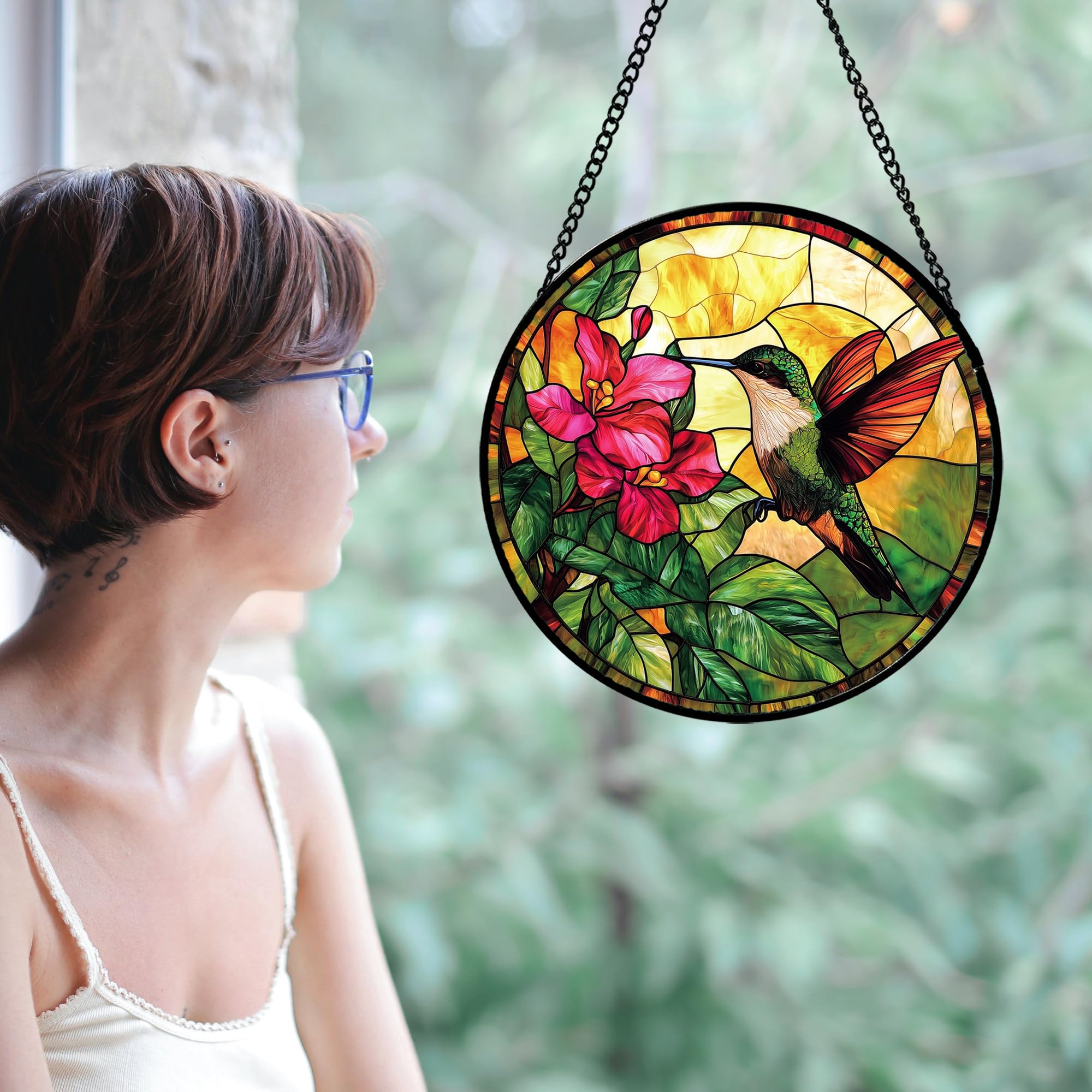6.3 Inch Hummingbird & Red Flower Stained Glass Suncatcher, Window Hanging Ornament, Birthday & Mother’s Day Gift for Bird Lovers, Mom and Nana