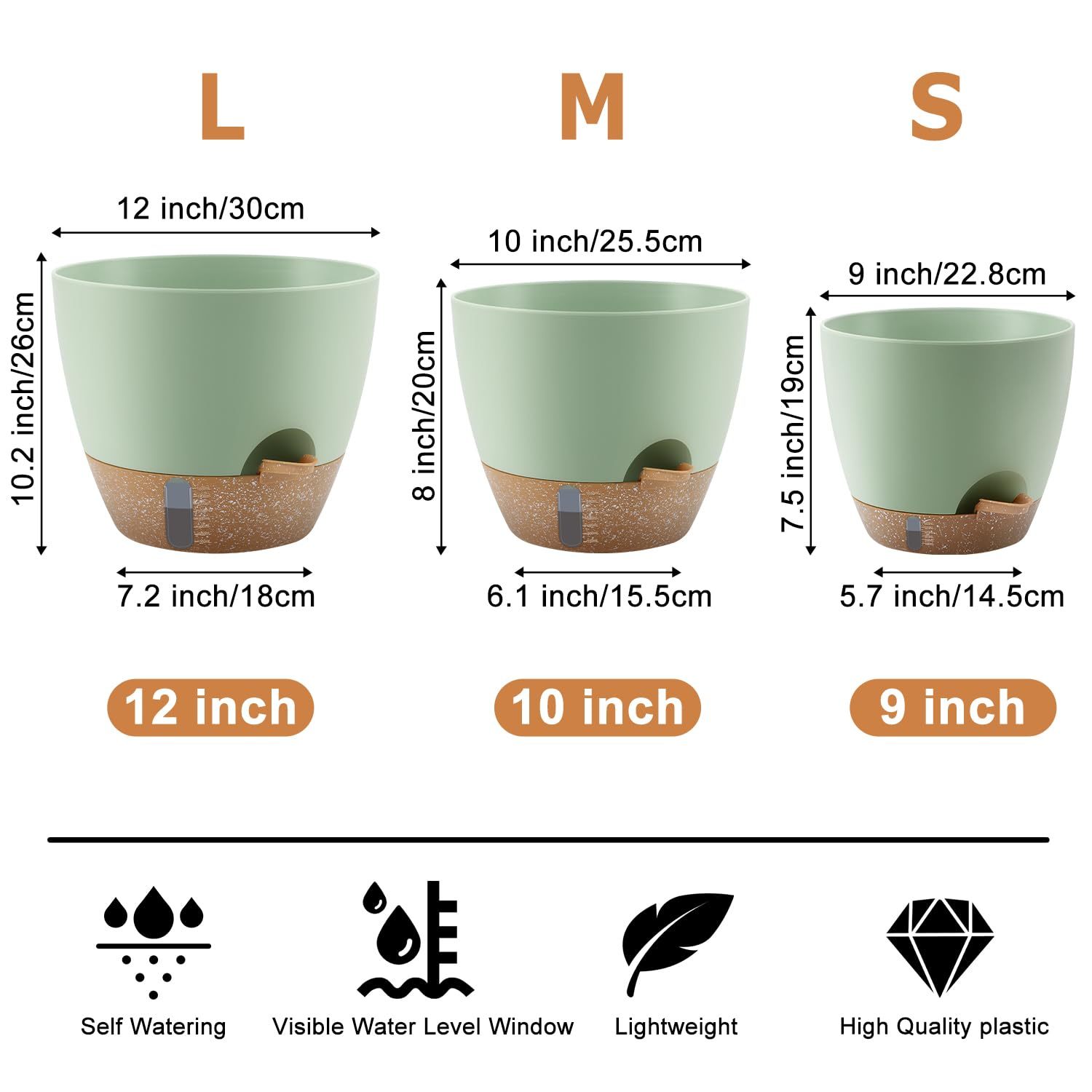 Self-Watering Plant Pots with Water Level Indicator & Drainage Holes – 12/10/9 Inch Large Plastic Planters for Indoor & Outdoor Plants