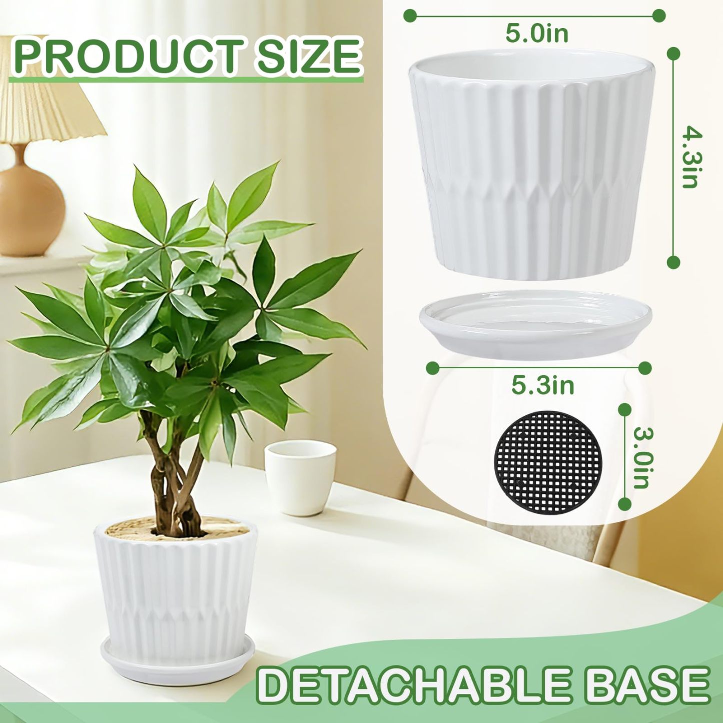 4 Pack 5.5 Inch White Ceramic Planter Set – Cylinder Pots with Connected Saucer  for Succuelnt and Little Snake Plants