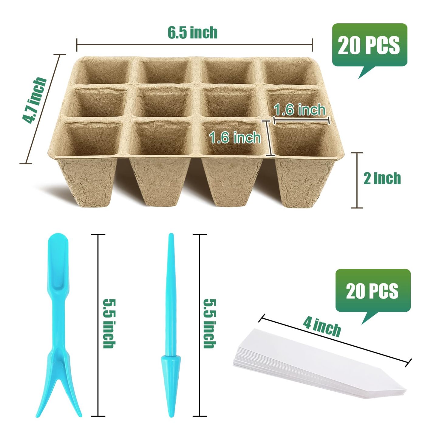 20 Pack Biodegradable Peat Pots – 240 Cells Seed Starter Trays with 20 Plant Labels for Indoor & Outdoor Garden