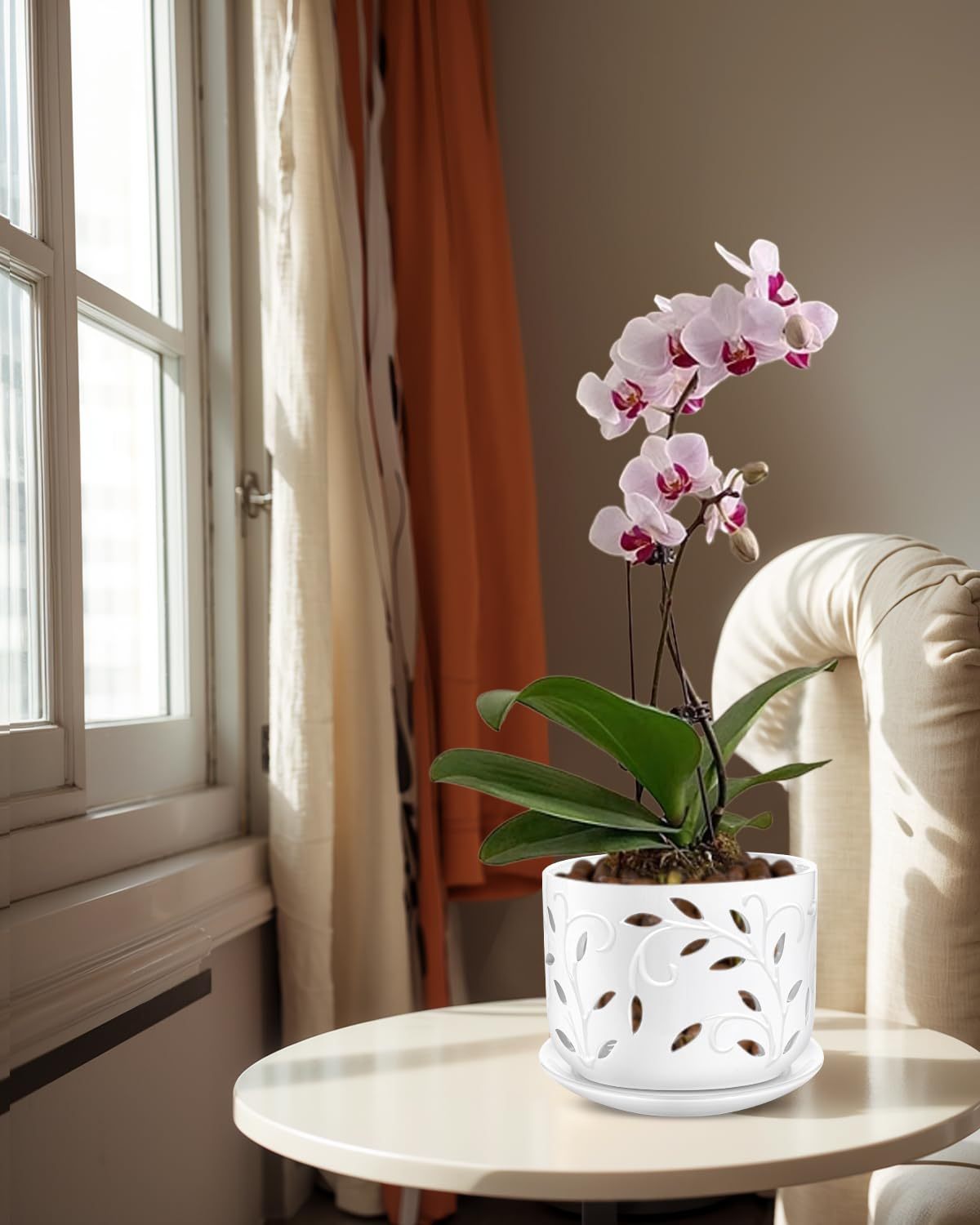 White Ceramic Orchid Pot Set (5 + 6 Inch) with Drainage Holes & Saucers for Indoor & Outdoor Use