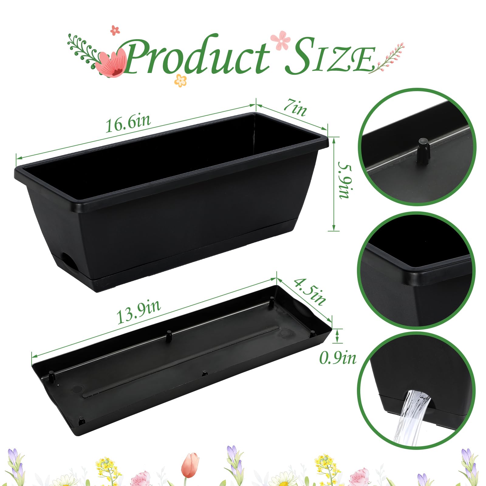 12 Pack 17 Inch Rectangle Plastic Planter Boxes with Drainage Holes & Trays – Flower Pots for Indoor & Outdoor Patio, Garden, Porch & Home Decor