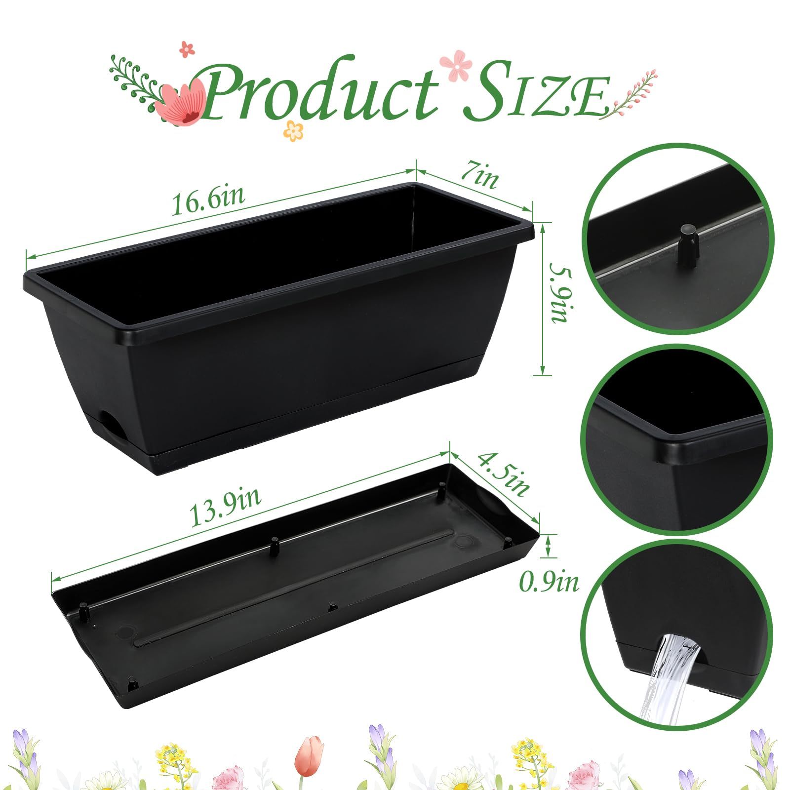 12 Pack 17 Inch Rectangle Plastic Planter Boxes with Drainage Holes & Trays – Flower Pots for Indoor & Outdoor Patio, Garden, Porch & Home Decor