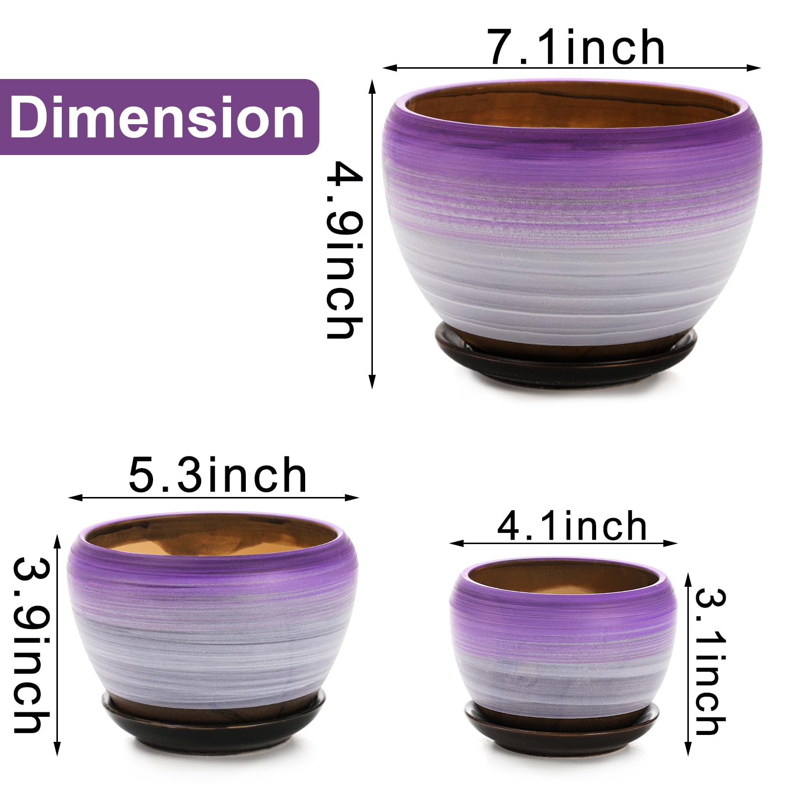 Set of 3 Ceramic Flower Pots with Drainage Holes & Saucers, 7/5/4 Inch Purple Round Planters for Succulents, Herbs, Cactus, Indoor & Outdoor Use