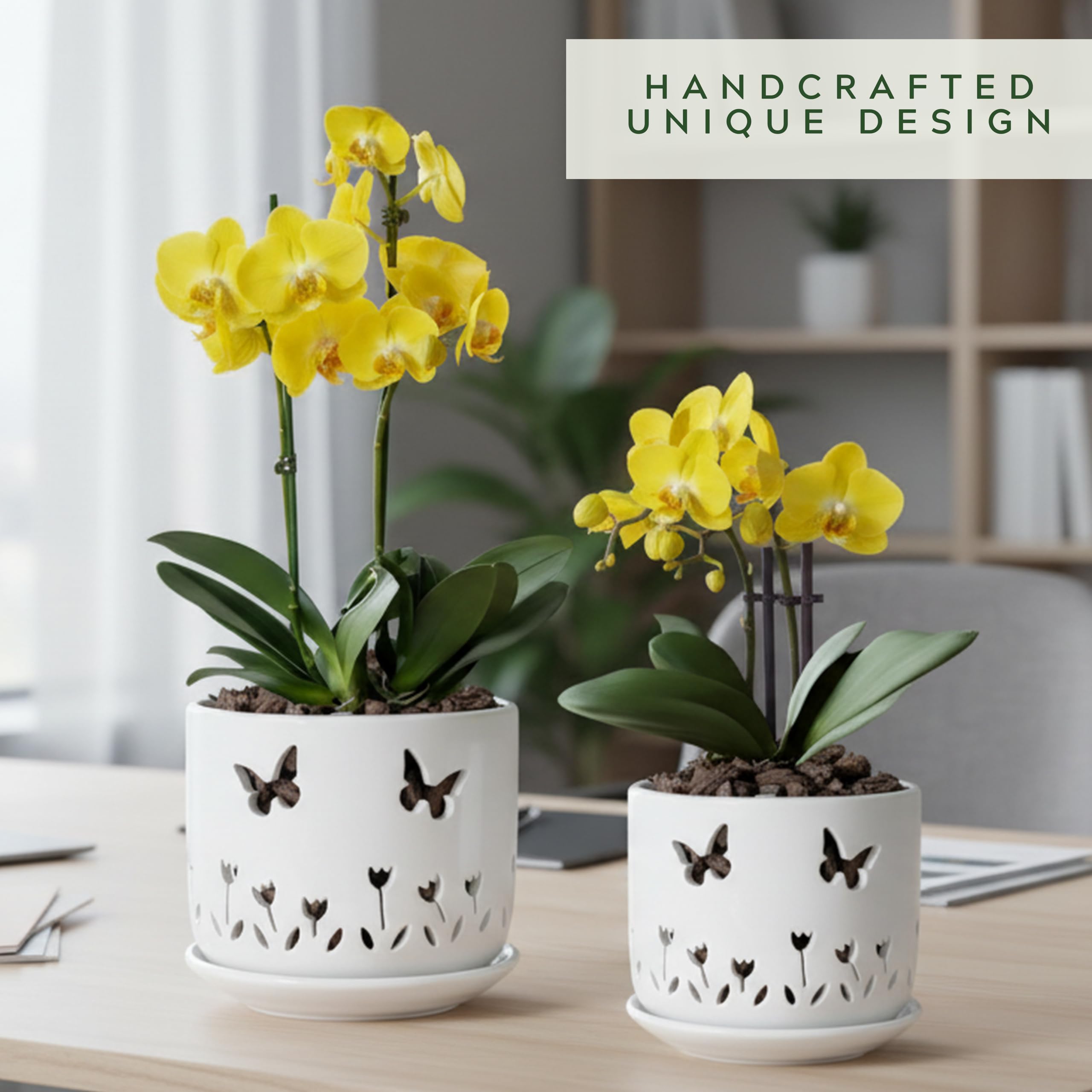 2 Pack White Ceramic Orchid Pots with Butterfly & Tulip Design, 5+6 Inch Planters with Drainage Holes & Saucers for Indoor Outdoor Repotting