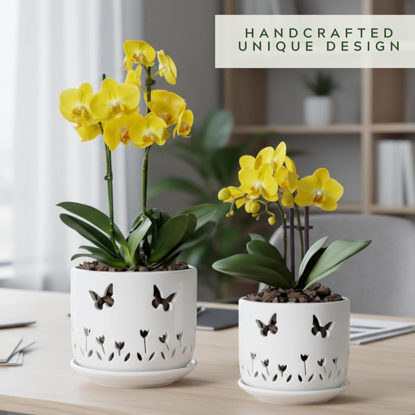 2 Pack White Ceramic Orchid Pots with Butterfly & Tulip Design, 5+6 Inch Planters with Drainage Holes & Saucers for Indoor Outdoor Repotting