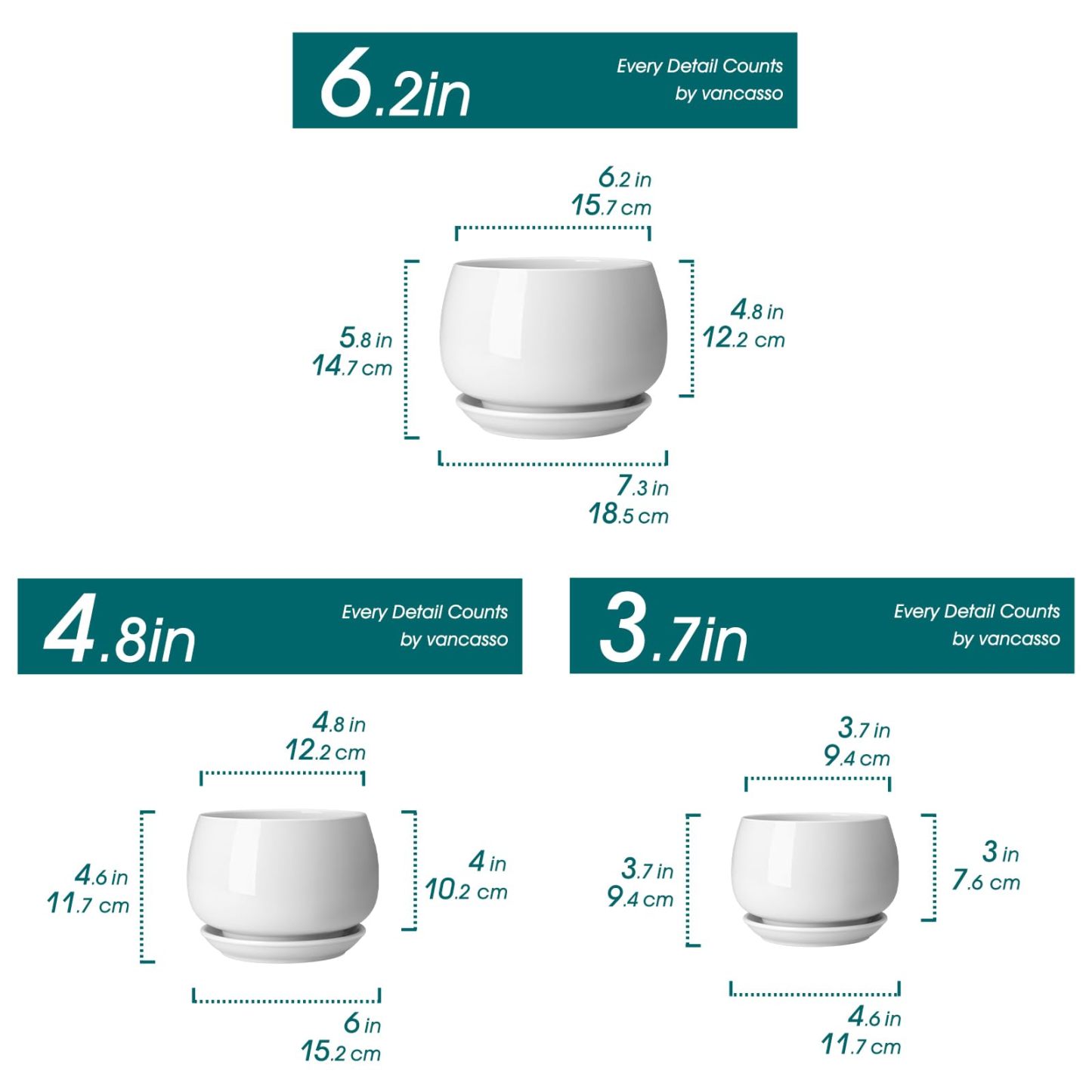 3-Pack White Ceramic Plant Pots, 3.7/4.8/6.2 Inch Indoor Planters with Drainage Holes & Saucers for Indoor Plants & Flowers