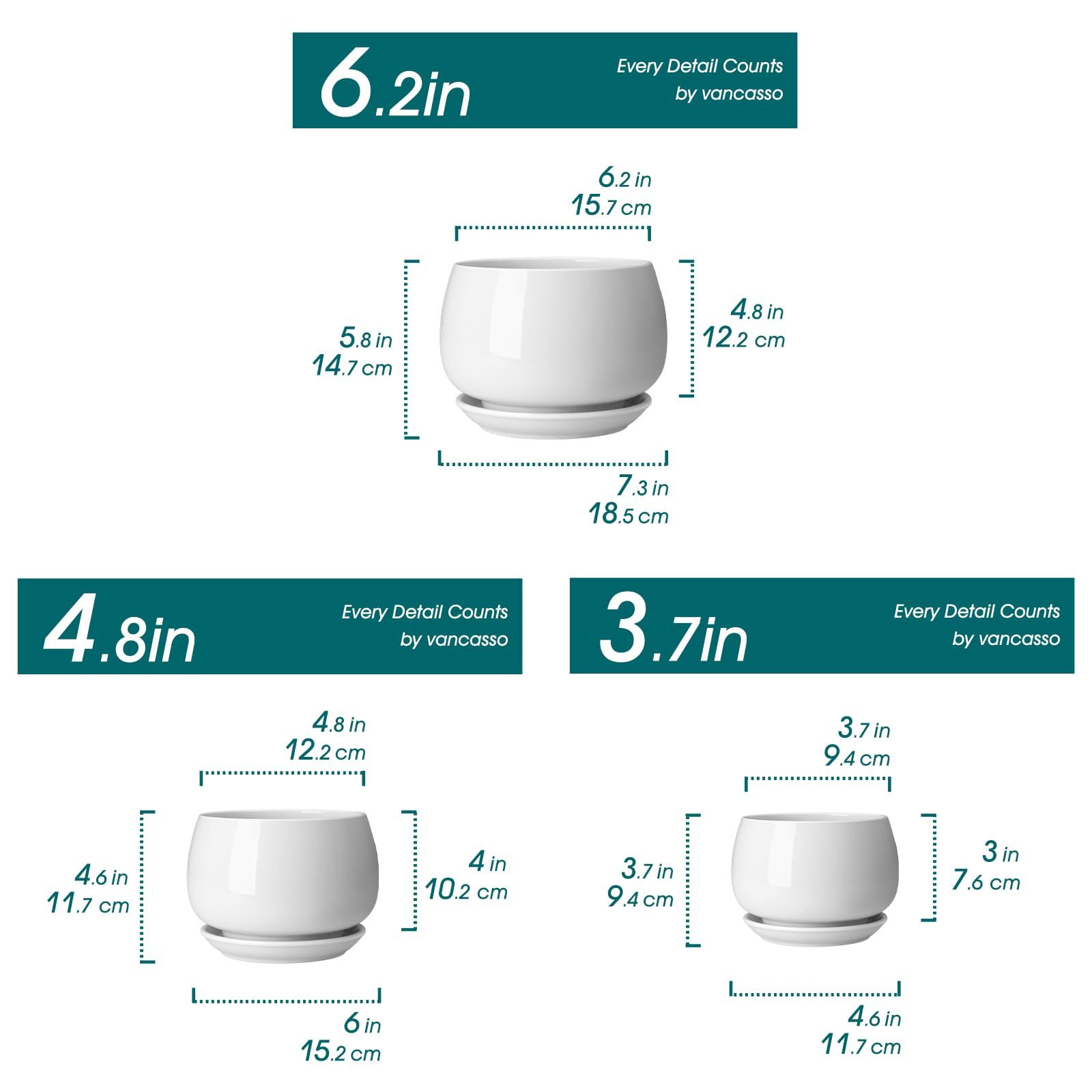 3-Pack White Ceramic Plant Pots, 3.7/4.8/6.2 Inch Indoor Planters with Drainage Holes & Saucers for Indoor Plants & Flowers