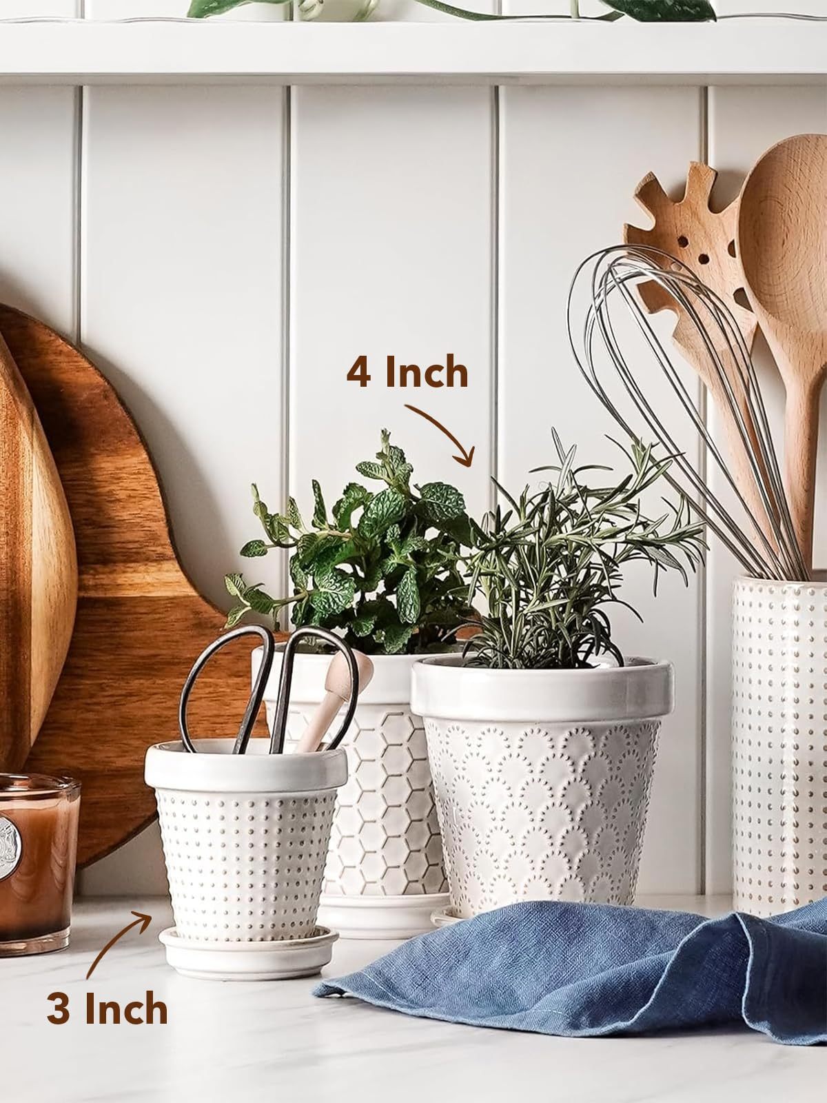 Set of 4 Arctic White Ceramic Succulent Pots, 4 Inch Small Embossed Planters with Drainage Hole & Saucer for Indoor Succulents & Cactus