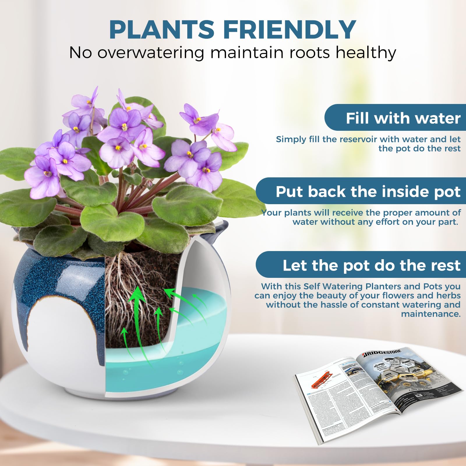 6 Inch Ceramic Self Watering African Violet Pots, Easy Planters for Busy Plant Lovers, Automatic Water Absorption for Indoor Plants (Plants Not Included)