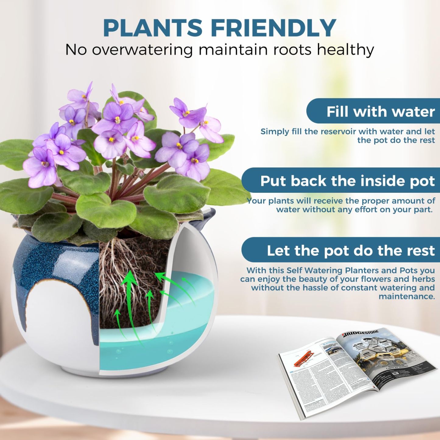 6 Inch Ceramic Self Watering African Violet Pots, Easy Planters for Busy Plant Lovers, Automatic Water Absorption for Indoor Plants (Plants Not Included)