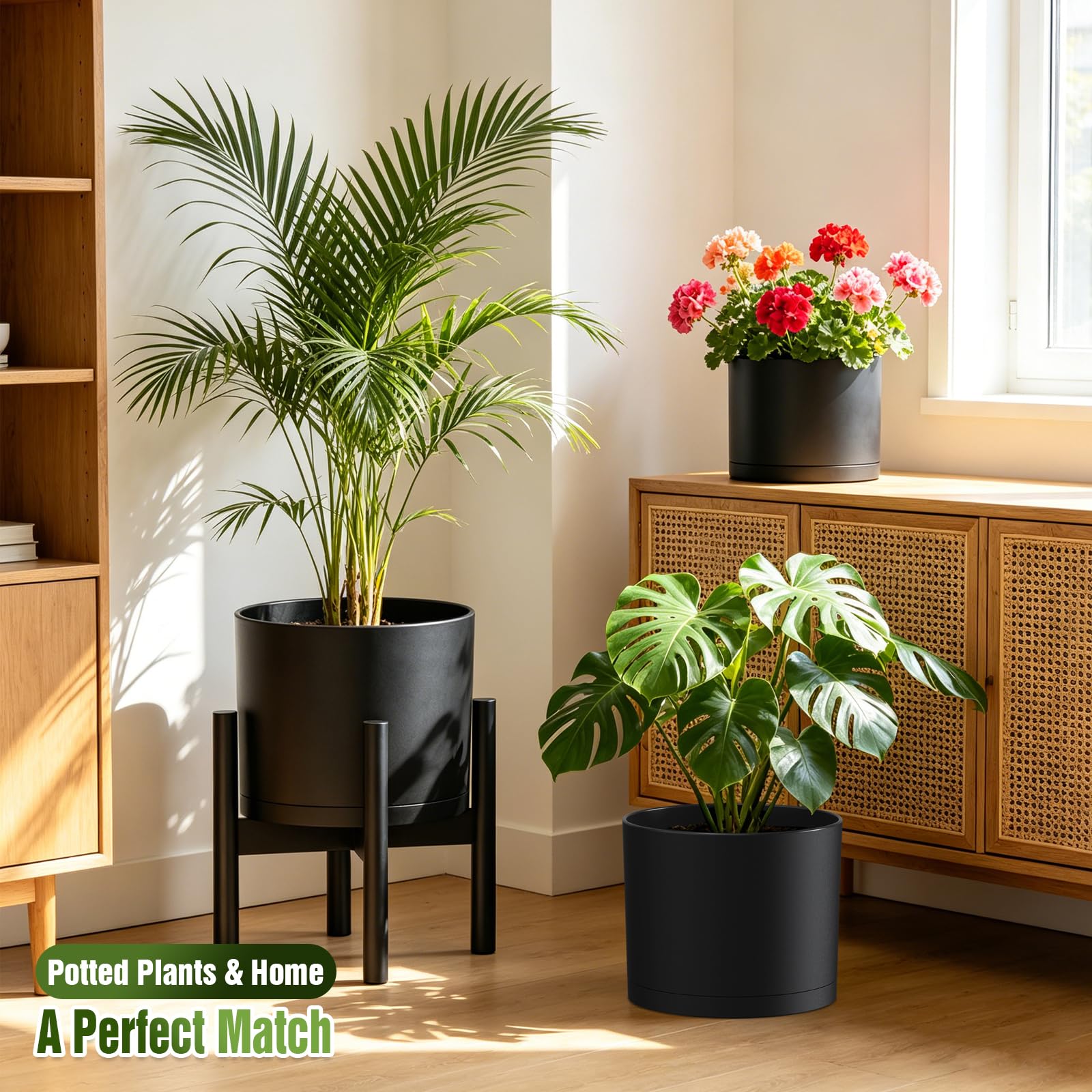 10/9/8 Inch Modern Cylinder Plant Pots with Drainage Holes & Trays, 3 Pack Minimalist Planters for Indoor & Outdoor Use, Perfect for Monstera, Snake Plant & More