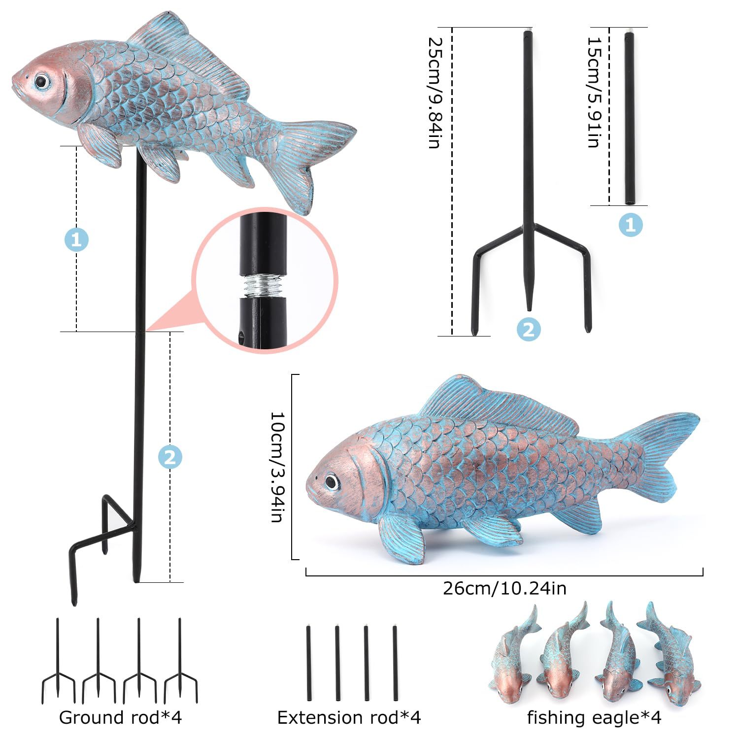 4PCS Antique Bronze Fish Garden Statue 