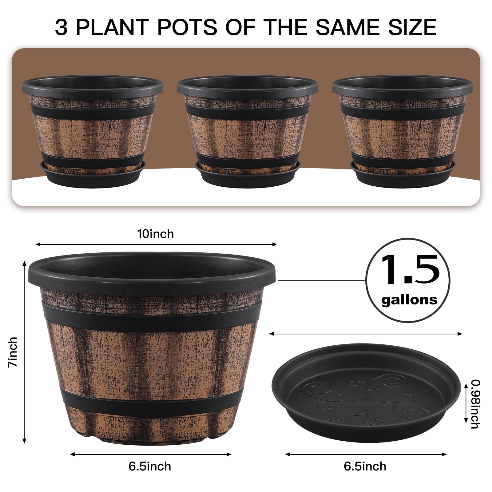 3 Pack 10 Inch Whiskey Barrel Planters, Plastic Flower Pots with Drainage Holes & Saucers, Imitation Wine Barrel Design for Indoor & Outdoor Garden & Home Decor (Brown)