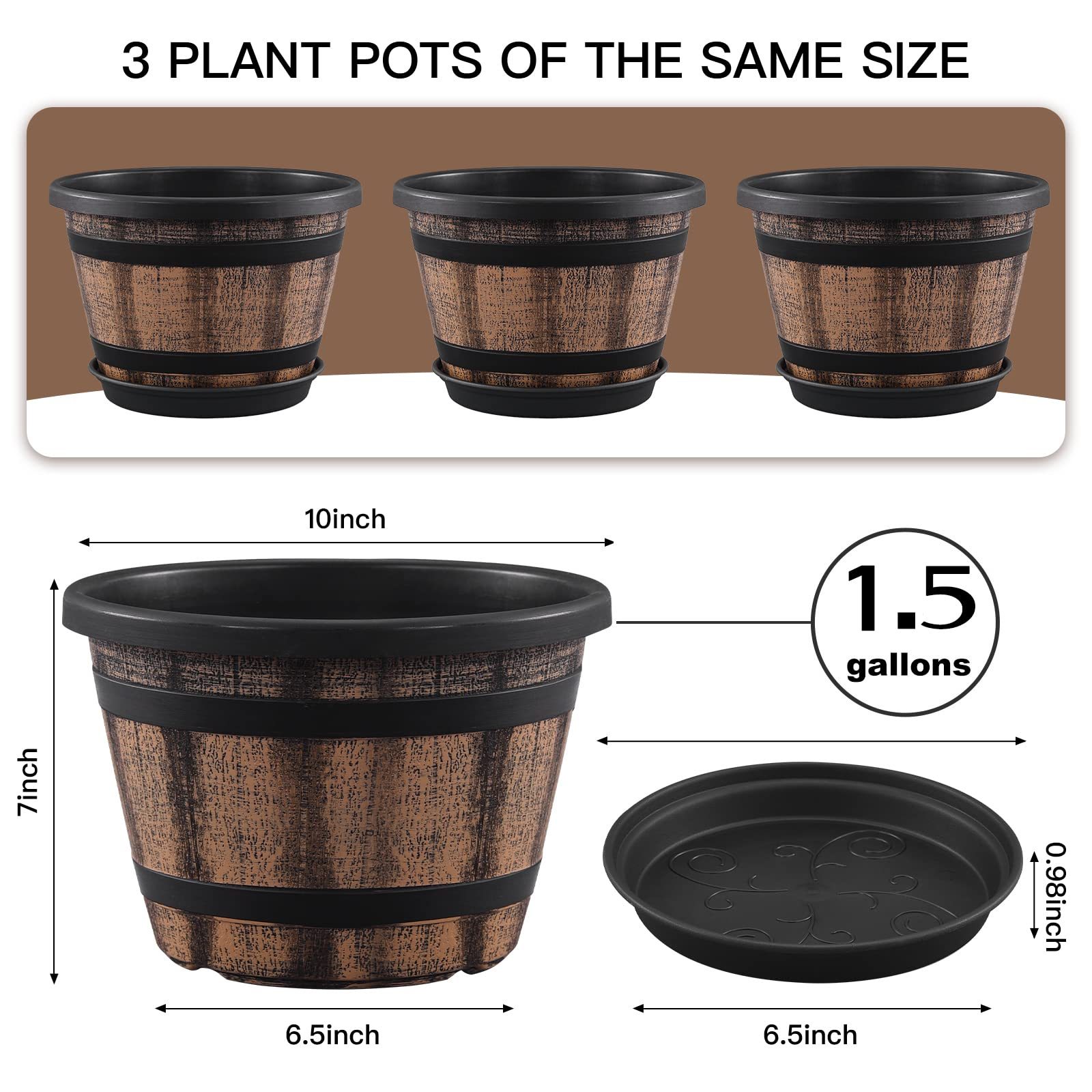 3 Pack 10 Inch Whiskey Barrel Planters, Plastic Flower Pots with Drainage Holes & Saucers, Imitation Wine Barrel Design for Indoor & Outdoor Garden & Home Decor (Brown)