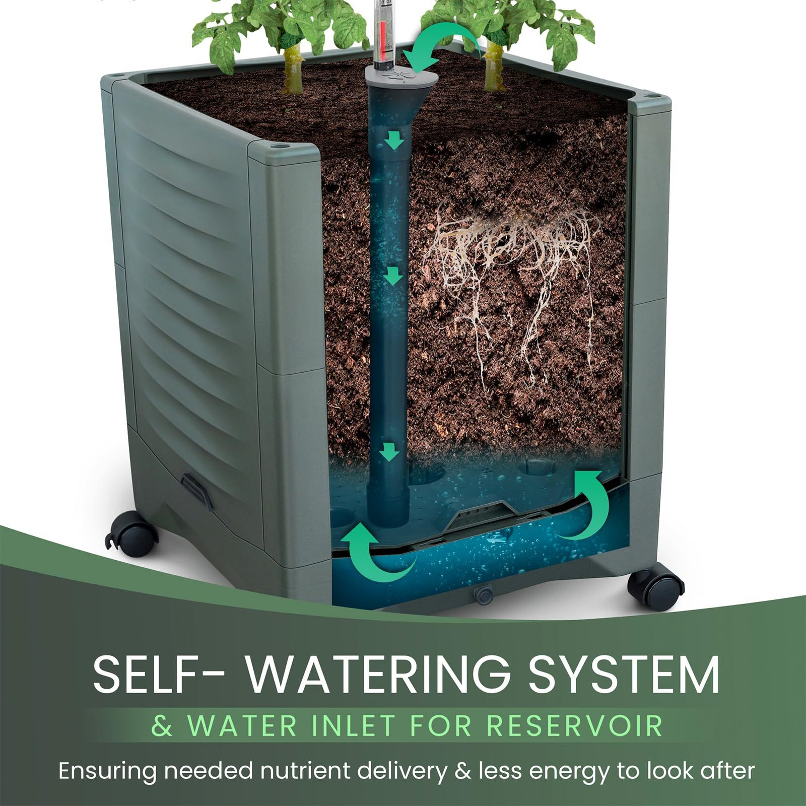 56.5" Tall Tomato Planter Pot with Self-Watering System & Water Level Indicator, Raised Garden Bed with Metal Trellis for Climbing Plants, Large Water Reservoir Planter for Indoor & Outdoor Use (Single Planter)