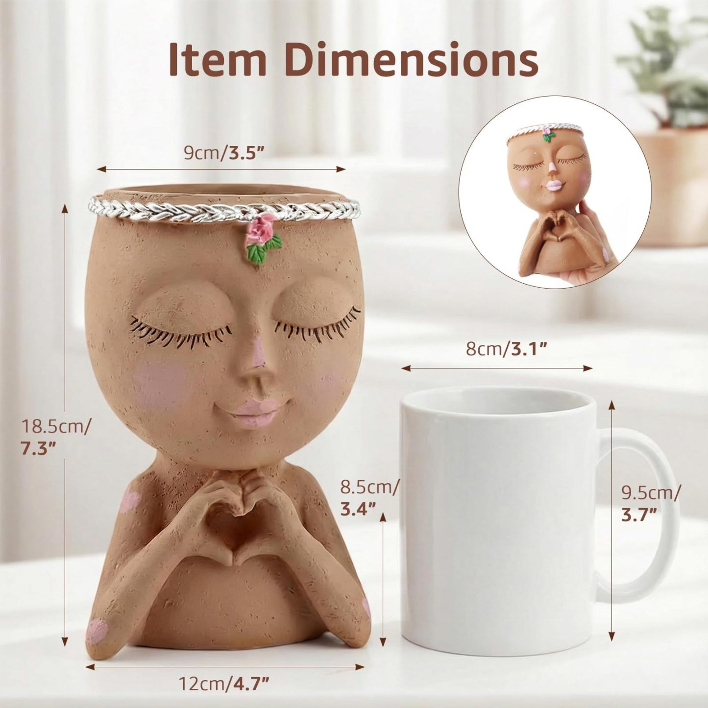7.3" Heart Hands Face Planter Pot, Resin Head Planter with Drainage Hole, Cute Succulent Planter for Indoor Plants, Gardening Gift for Women, Mom & Teacher