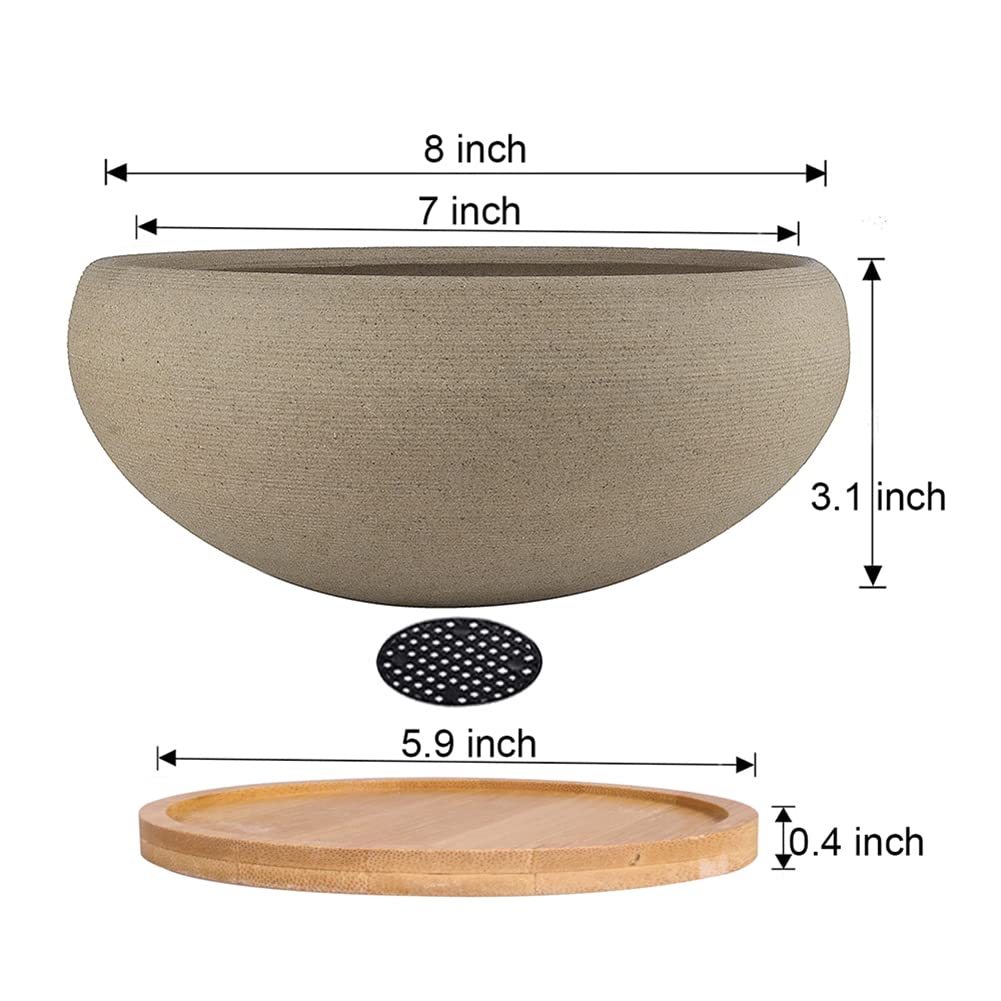 8 Inch Round Unglazed Ceramic Bonsai Pot with Bamboo Tray, Large Rough Pottery Succulent Planter with Drainage Hole