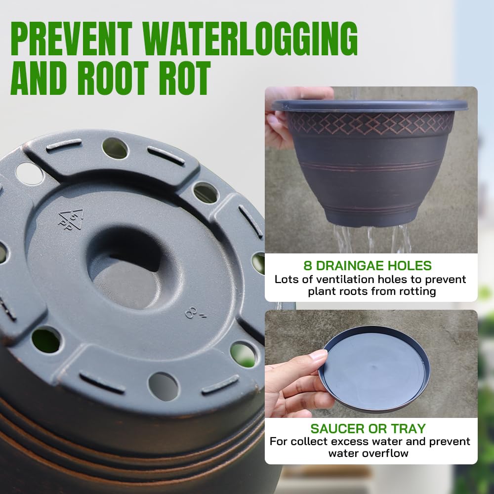 4 Pack 10 Inch Plastic Plant Pots with Drainage Holes & Saucers, Plaid Pattern Planters for Indoor Outdoor Herbs & Garden