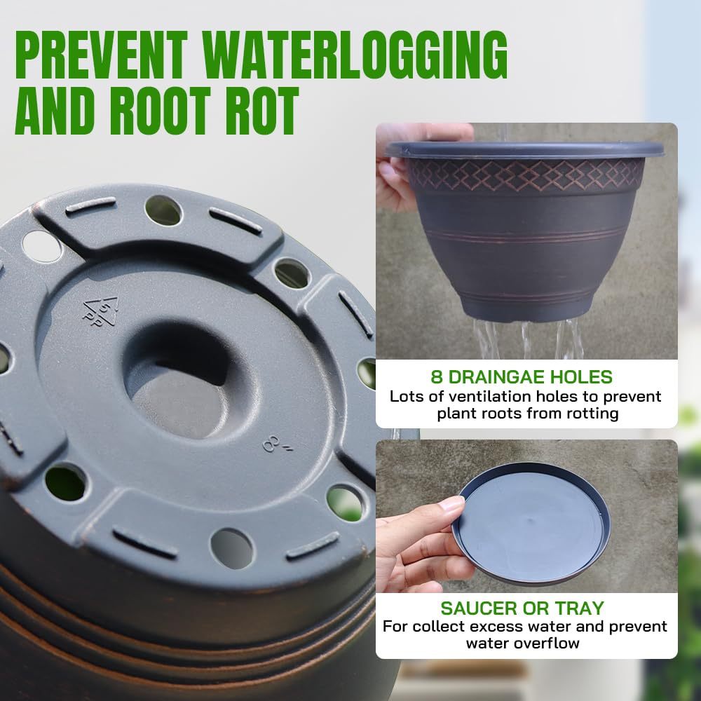 4 Pack 10 Inch Plastic Plant Pots with Drainage Holes & Saucers, Plaid Pattern Planters for Indoor Outdoor Herbs & Garden