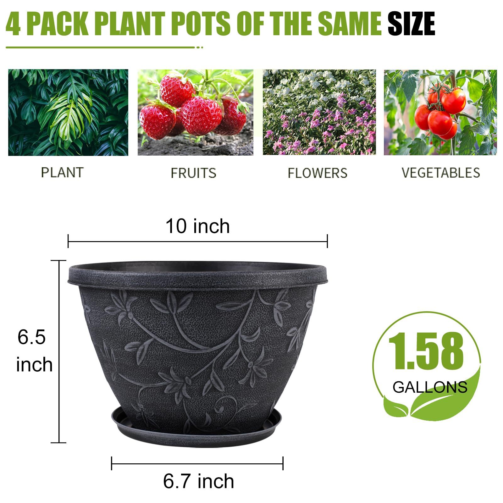 4 Pack 10 Inch Gray Imitation Magnolia Plant Pots, Lightweight Plastic Resin Flower Pots with Drainage Hole & Saucer for Indoor Outdoor Garden Home