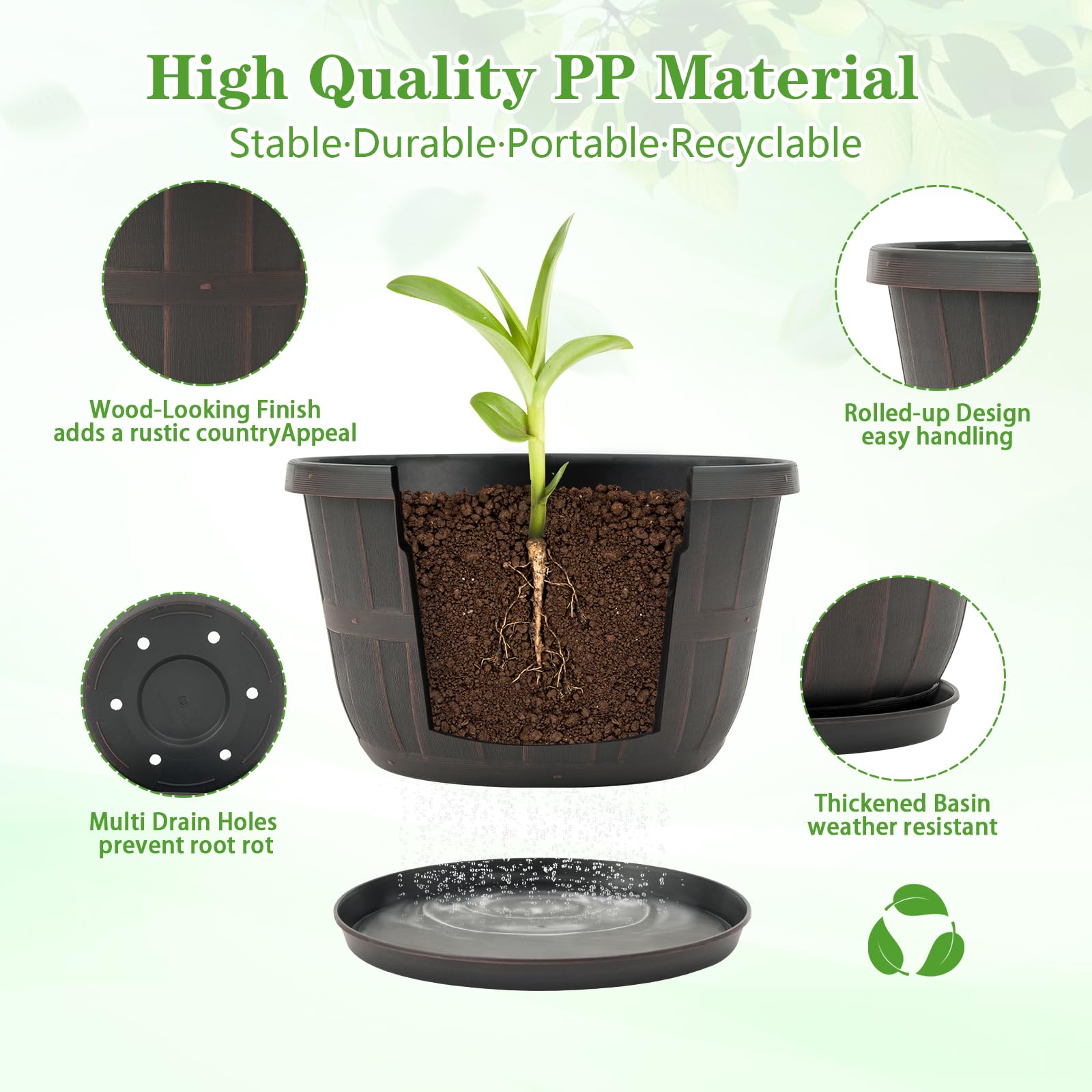 10 Inch Plastic Flower Pots 4 Pack, Large Outdoor Planter Pots with Drainage Holes & Saucers, Imitation Wine Barrel Design, Brown Planters for Indoor & Outdoor Garden Plants