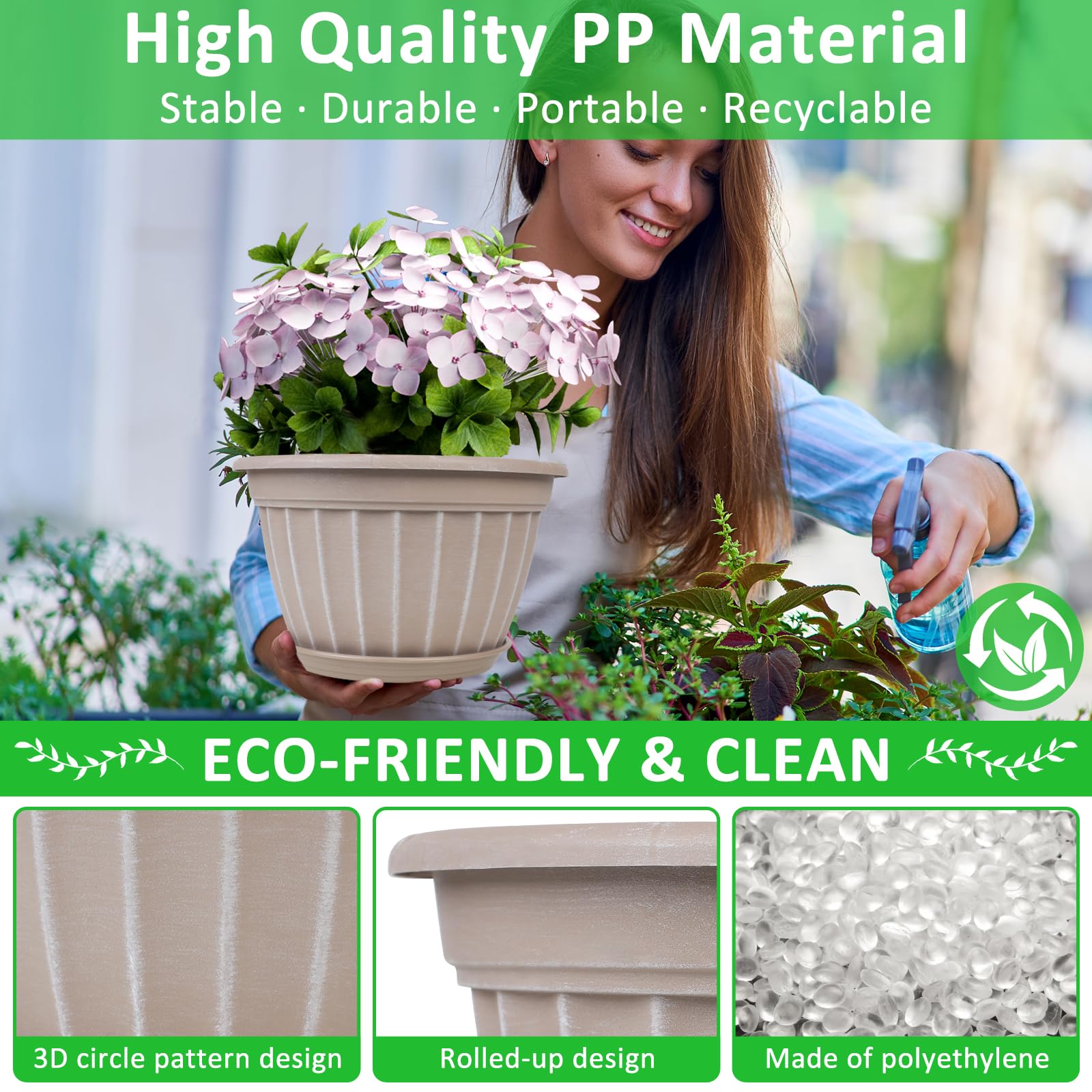 10 Inch Flower Pots 4 Pack, Modern Resin Planters with Drainage Holes & Saucers, Decorative Indoor Outdoor Garden Pots in Beige