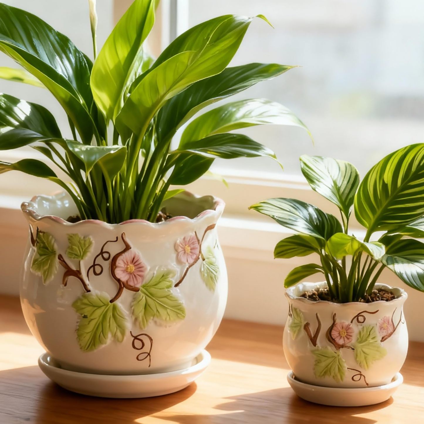 Set of 3 Vintage Ceramic Flower Pots, Round Retro Planters with Drainage Holes & Saucers, 6.7/5.2/3.9 Inch Plant Pots for Indoor Plants