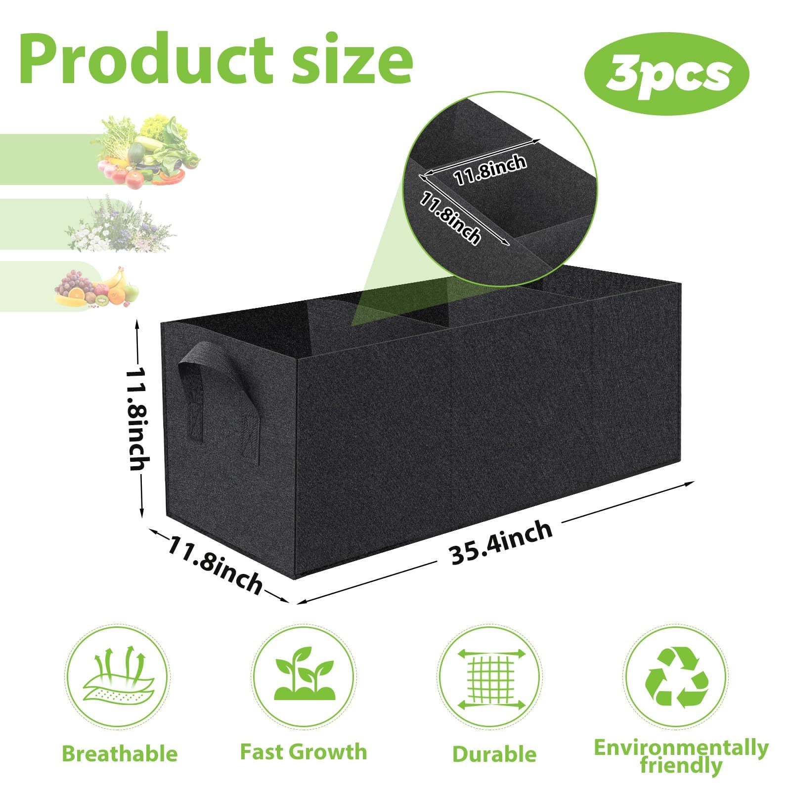 3 Pack Fabric Raised Garden Bed, 22 Gallon 3 Grids Planter Bag with Handles, Breathable Growing Bed for Vegetables, Flowers & Herbs