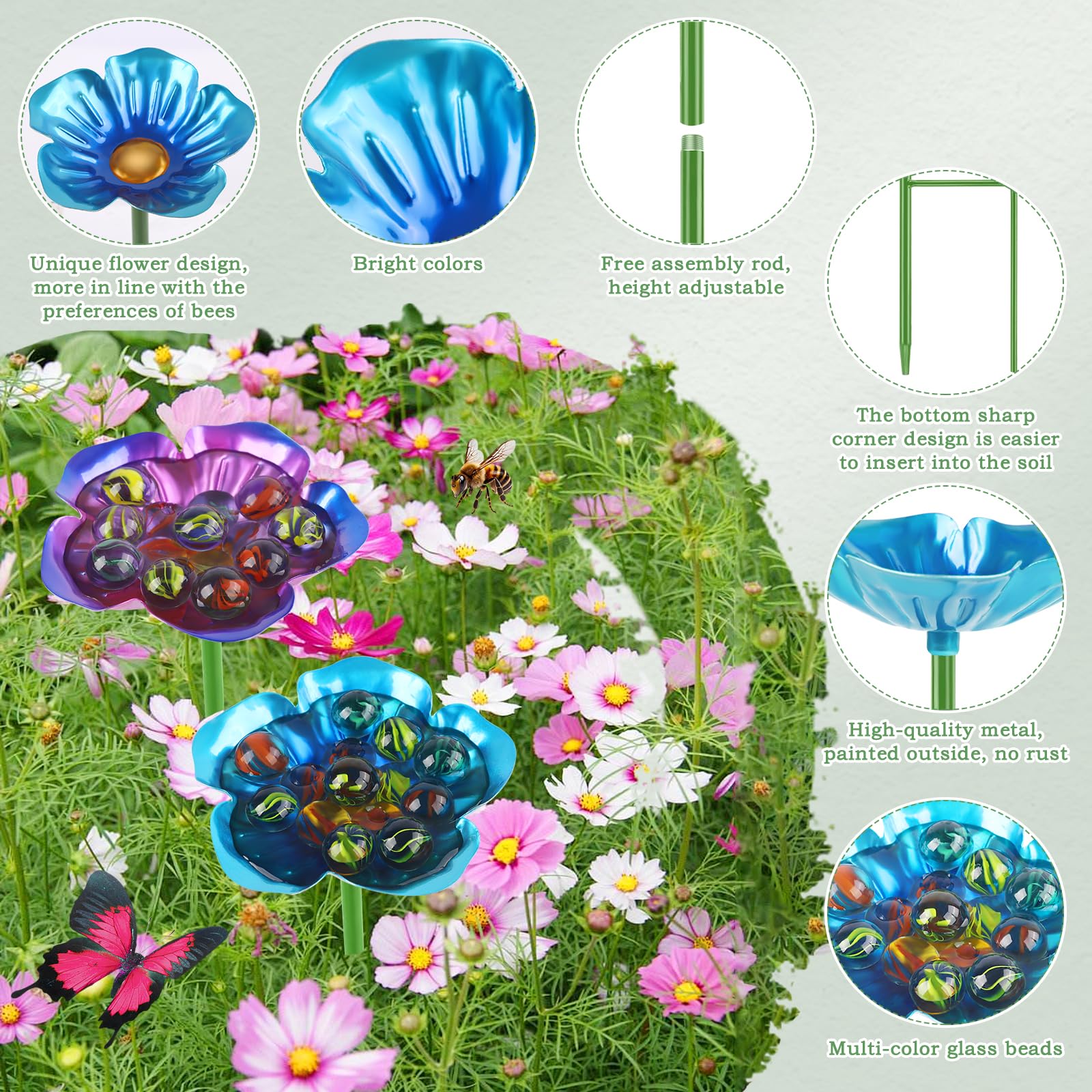 4 Pack Flower Shaped Bee Watering Station, Metal Bee Feeder with Glass Marbles, Outdoor Garden Butterfly & Bee Waterer Yard Decor
