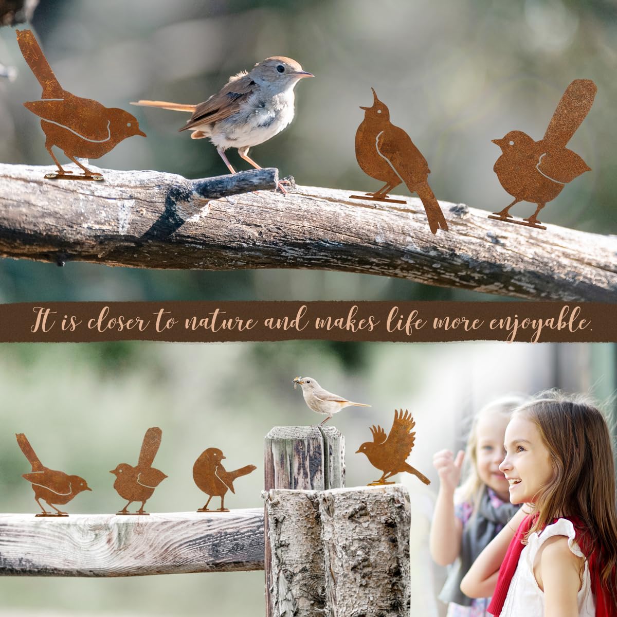 5 PCS Rustic Metal Bird Wall Decor, Outdoor Fence & Yard Art Sculptures, Rusty Garden Hanging Ornaments