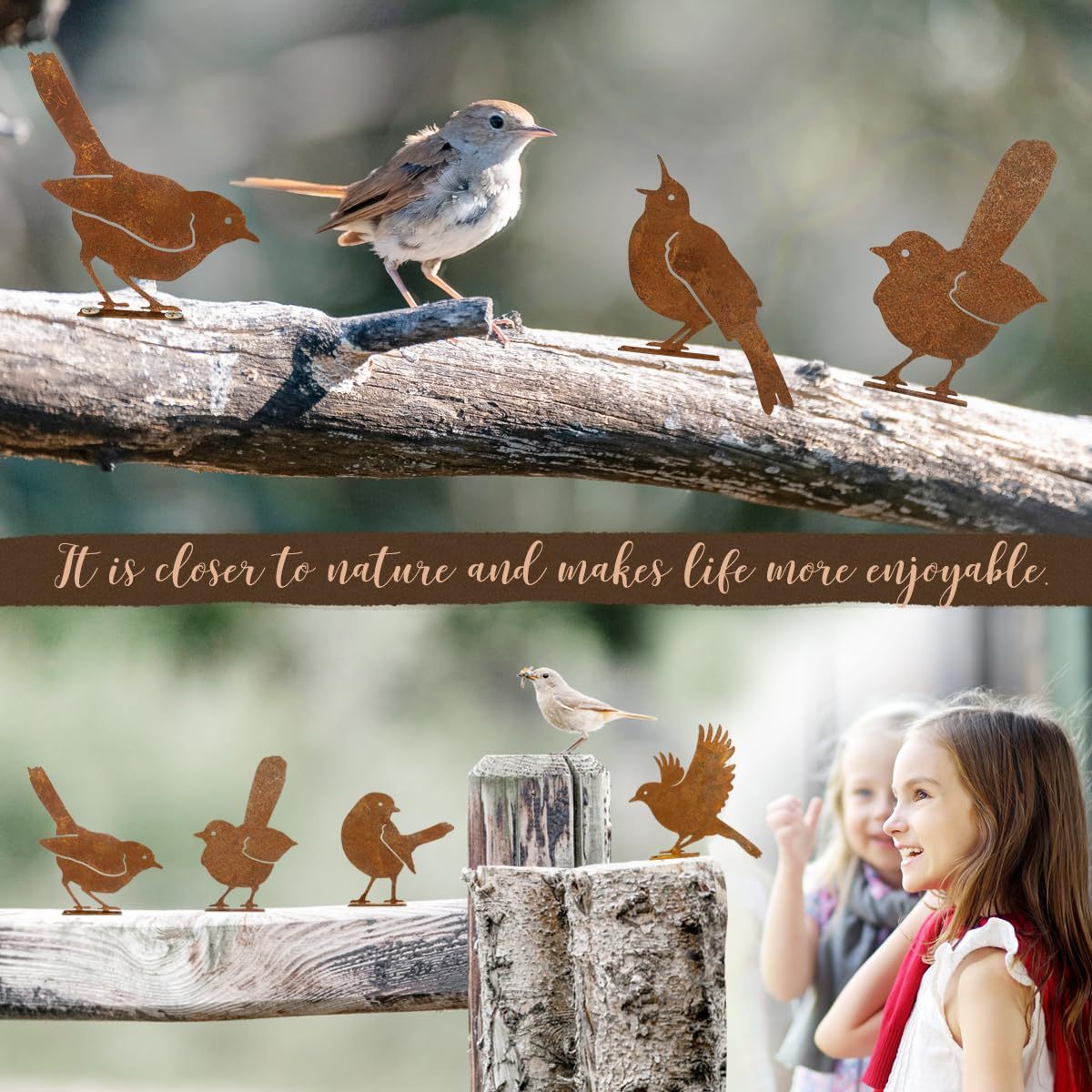 5 PCS Rustic Metal Bird Wall Decor, Outdoor Fence & Yard Art Sculptures, Rusty Garden Hanging Ornaments