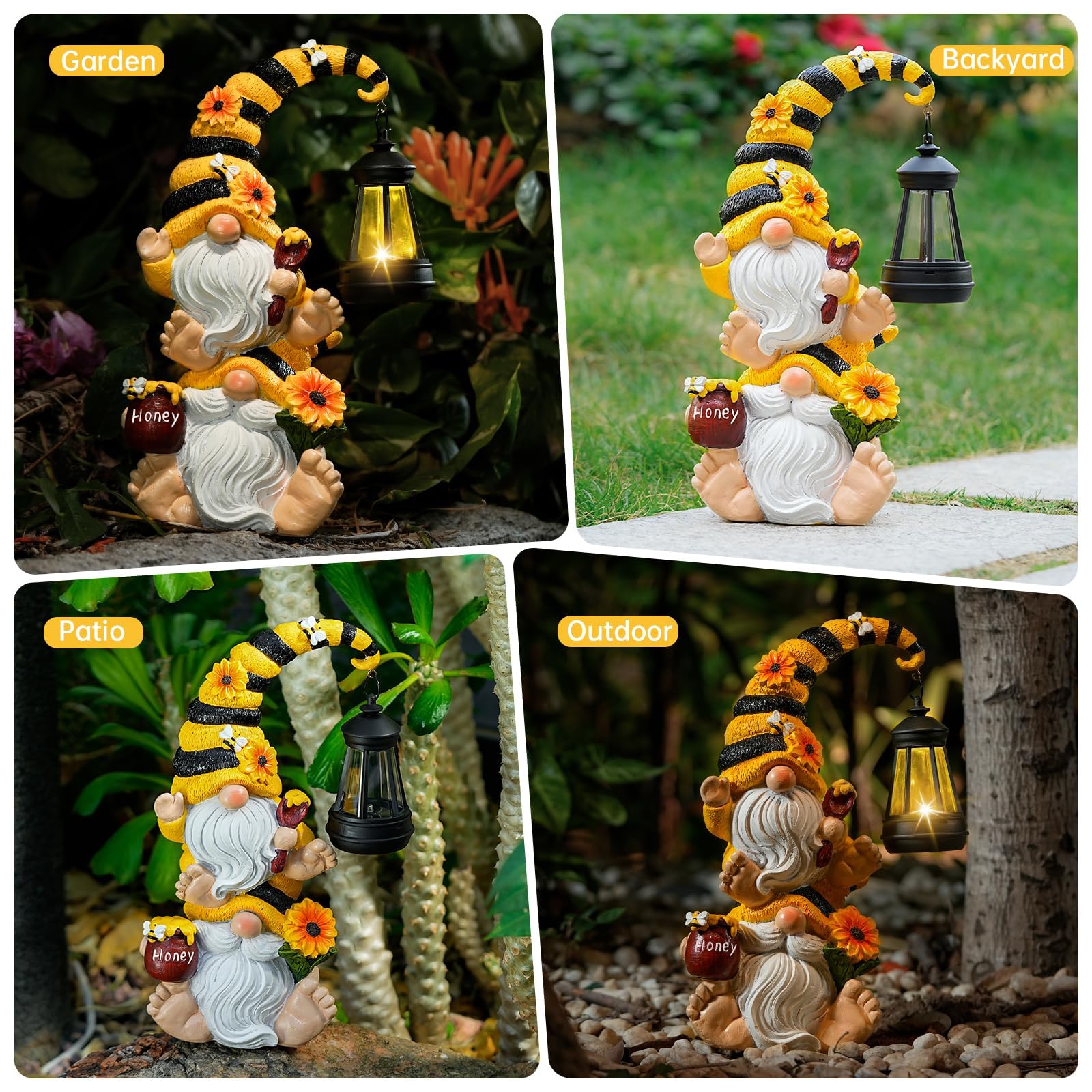 Solar Stacked Bee Gnome Statue with LED Lantern, Waterproof Resin Outdoor Yard Patio Decor, Unique Gift for Women, Mom and Grandma