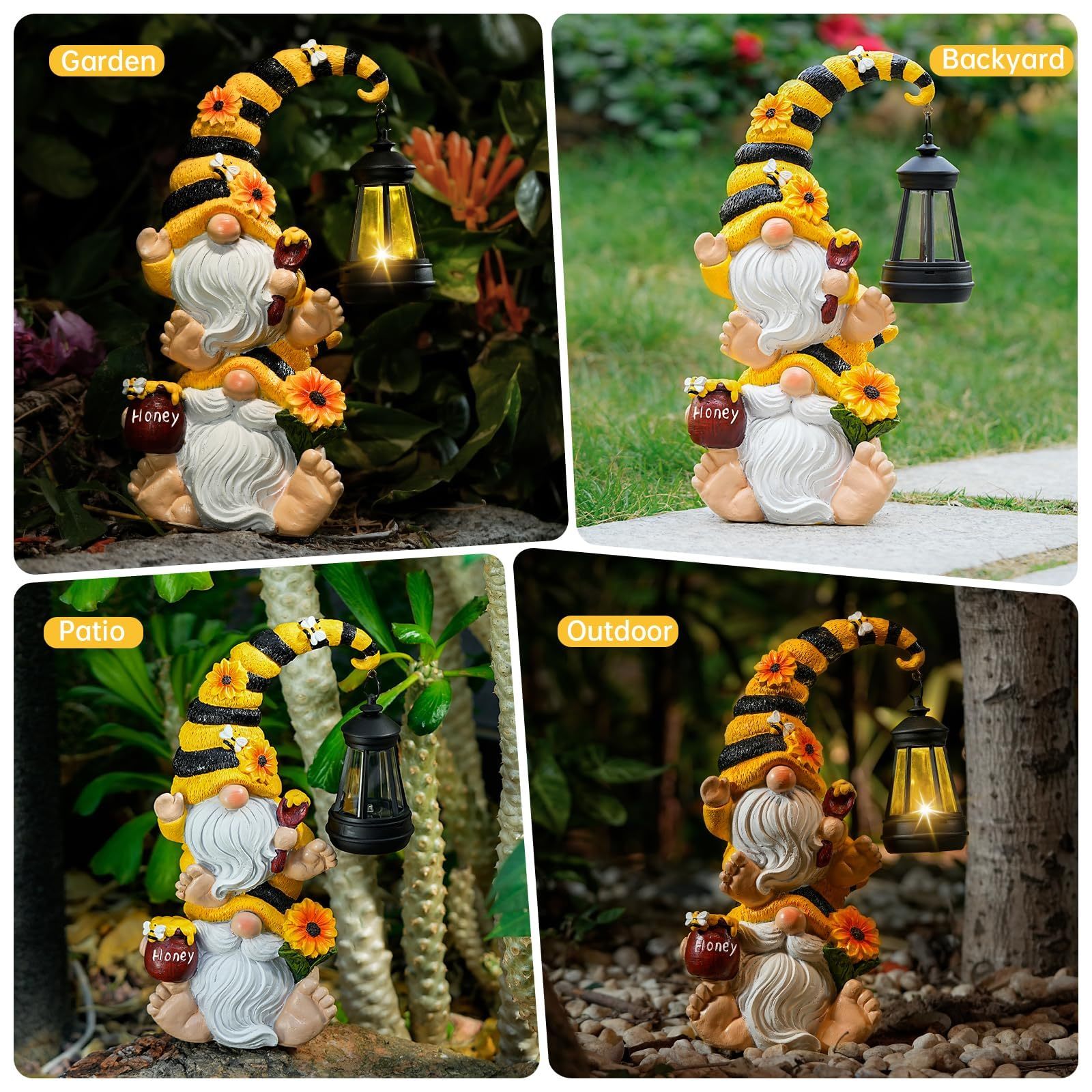Solar Stacked Bee Gnome Statue with LED Lantern, Waterproof Resin Outdoor Yard Patio Decor, Unique Gift for Women, Mom and Grandma