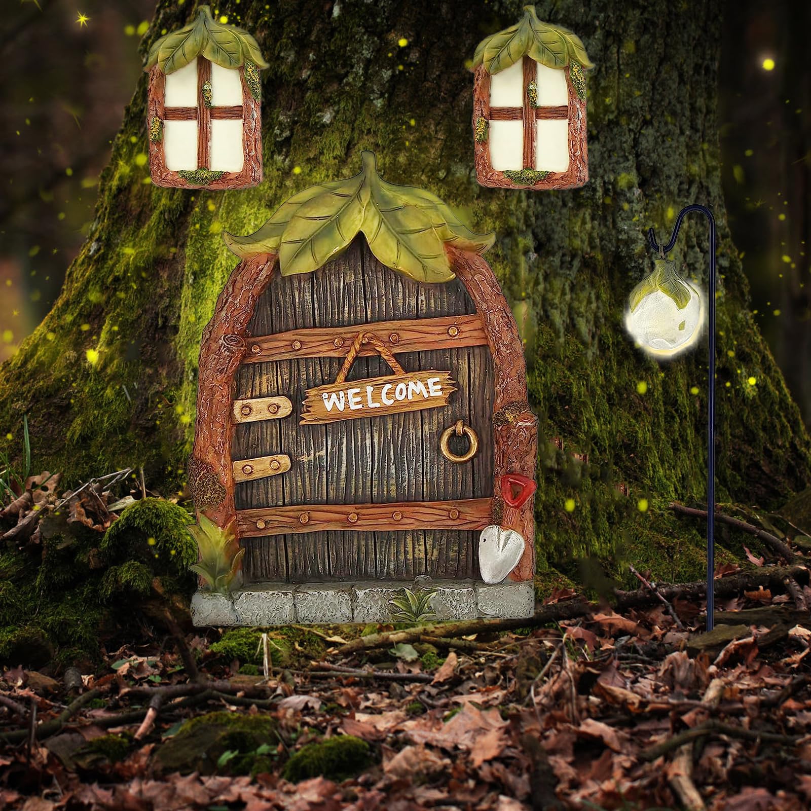 Glow in the Dark Fairy Door & Windows for Trees, Miniature Garden Decor with Lantern, Outdoor Yard Lawn Sculpture Ornament