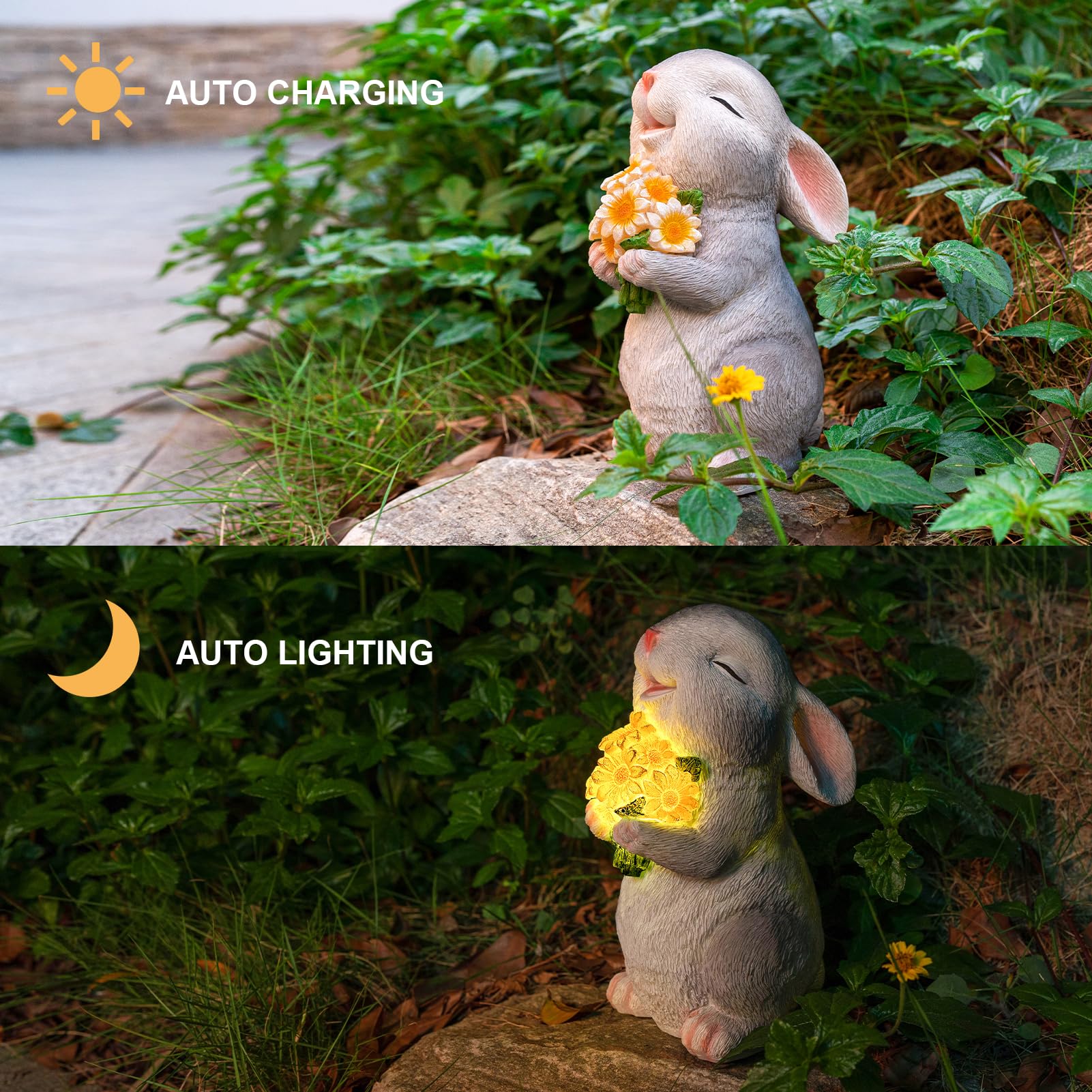 Solar Resin Rabbit Garden Statue with LED Sunflower Light, Outdoor Bunny Figurine Decor for Porch, Patio, Lawn & Yard, Perfect Gardening Gift for Mom, Women on Mother’s Day, Birthday & Christmas