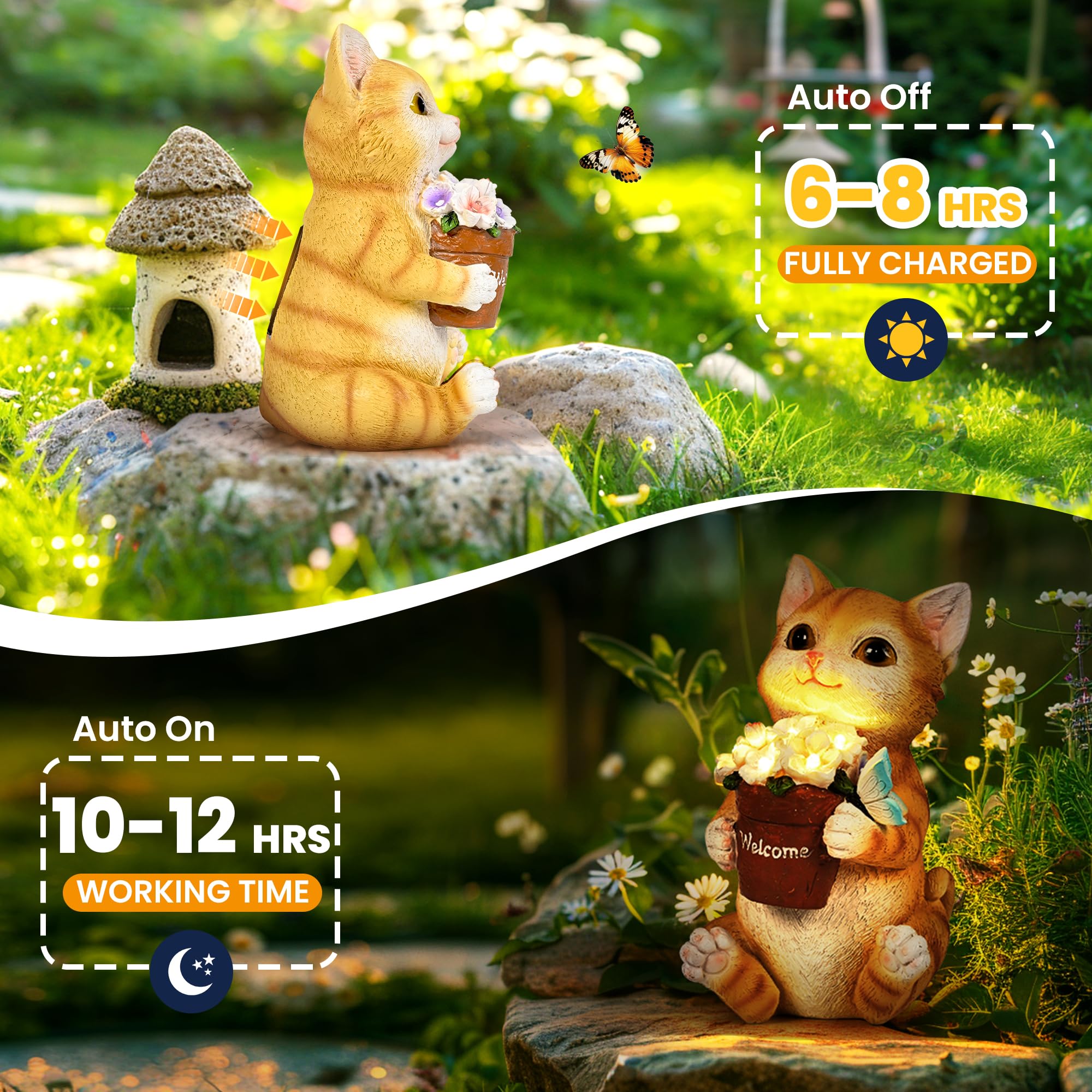 Solar Cat Flower Pot Garden Statue, Outdoor Decorative Cat Figurine for Patio, Yard, Lawn & Balcony, Ideal Birthday Gardening Gift for Women, Mom, Grandma and Seniors