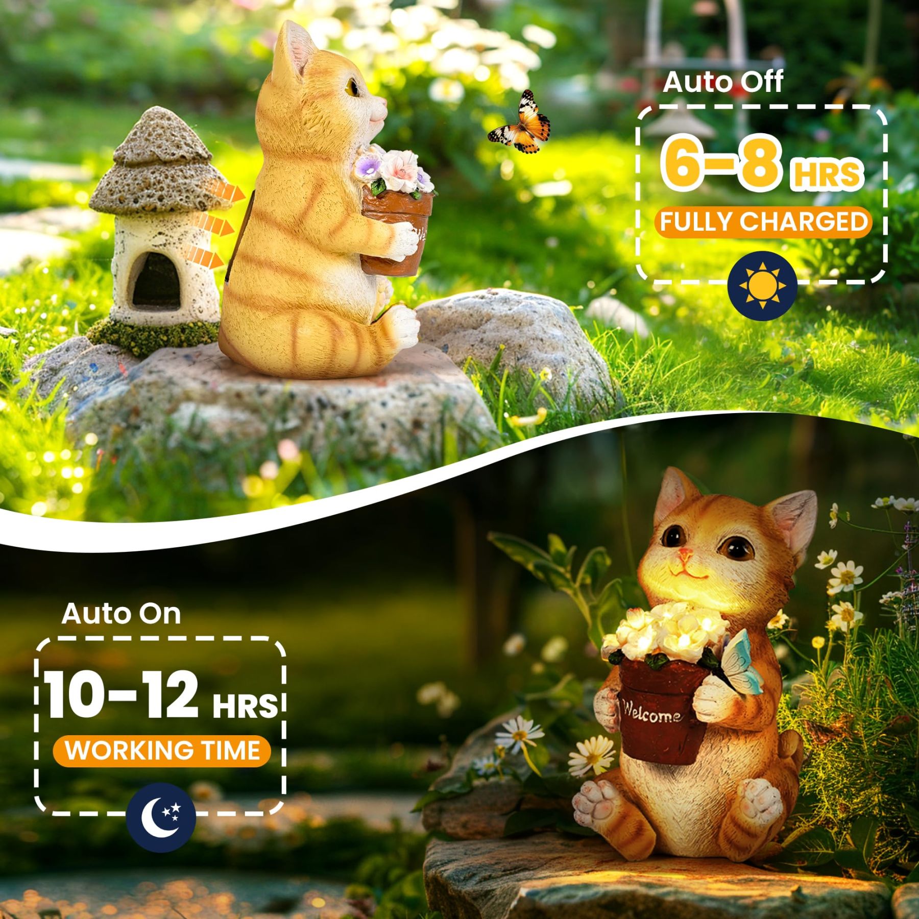 Solar Cat Flower Pot Garden Statue, Outdoor Decorative Cat Figurine for Patio, Yard, Lawn & Balcony, Ideal Birthday Gardening Gift for Women, Mom, Grandma and Seniors