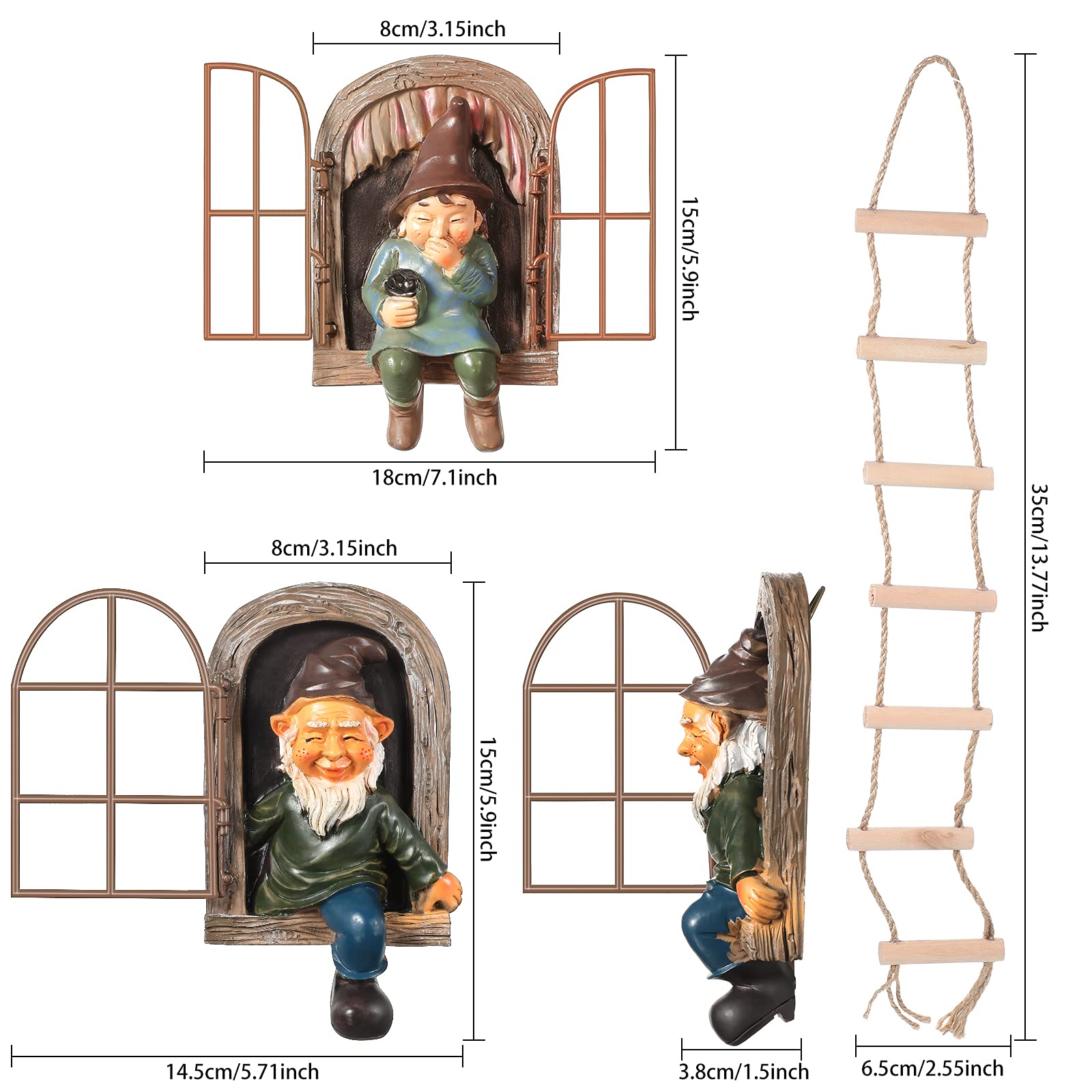 4Pcs Rustic Tree Hugger Gnomes Outdoor Decor, Resin Elf Fairy Tree Face Figurines with Hanging Ladder, Tree Hugging Ornaments for Patio Yard Lawn Garden