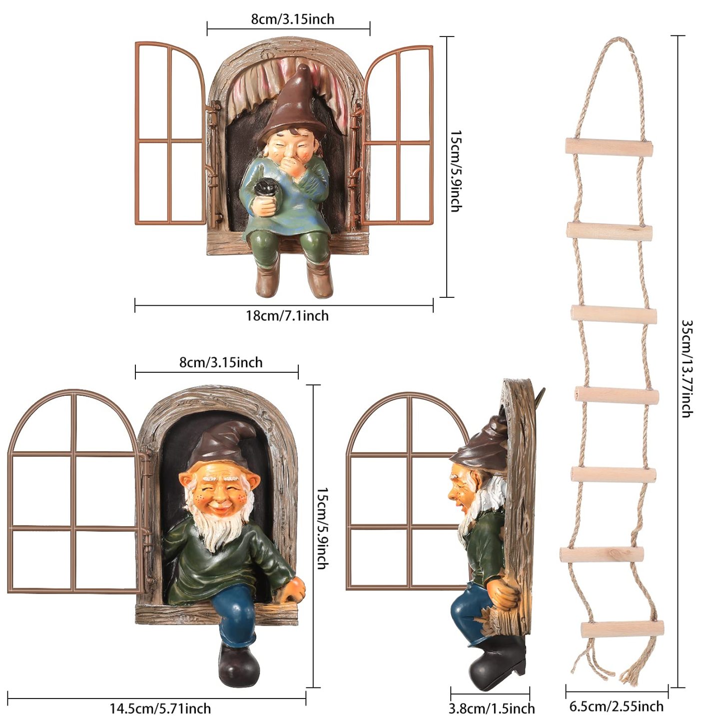 4Pcs Rustic Tree Hugger Gnomes Outdoor Decor, Resin Elf Fairy Tree Face Figurines with Hanging Ladder, Tree Hugging Ornaments for Patio Yard Lawn Garden