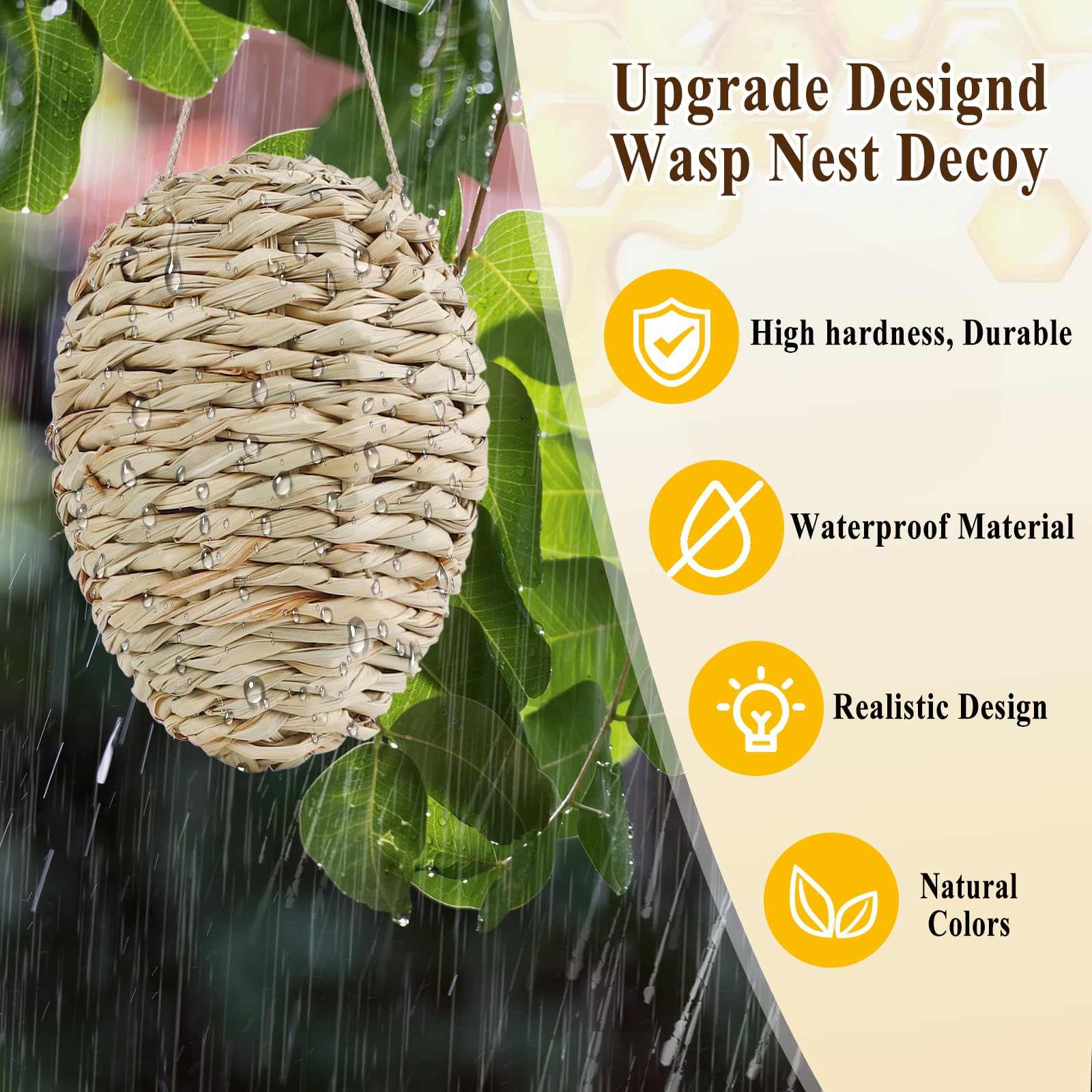 4Pcs Fake Wasp Hornet Nest Decoy, Woven Reed Waterproof, Patio Garden Eaves Decor & Wasp Deterrent