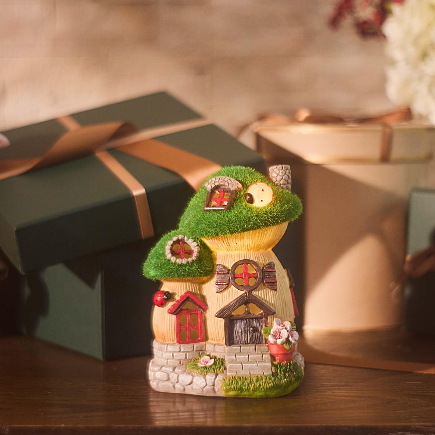 Solar Mushroom Fairy House Garden Statue, Green Flocked Resin Outdoor Decor with LED Light, Yard Patio Ornament & Gardening Gift for Mom, Women
