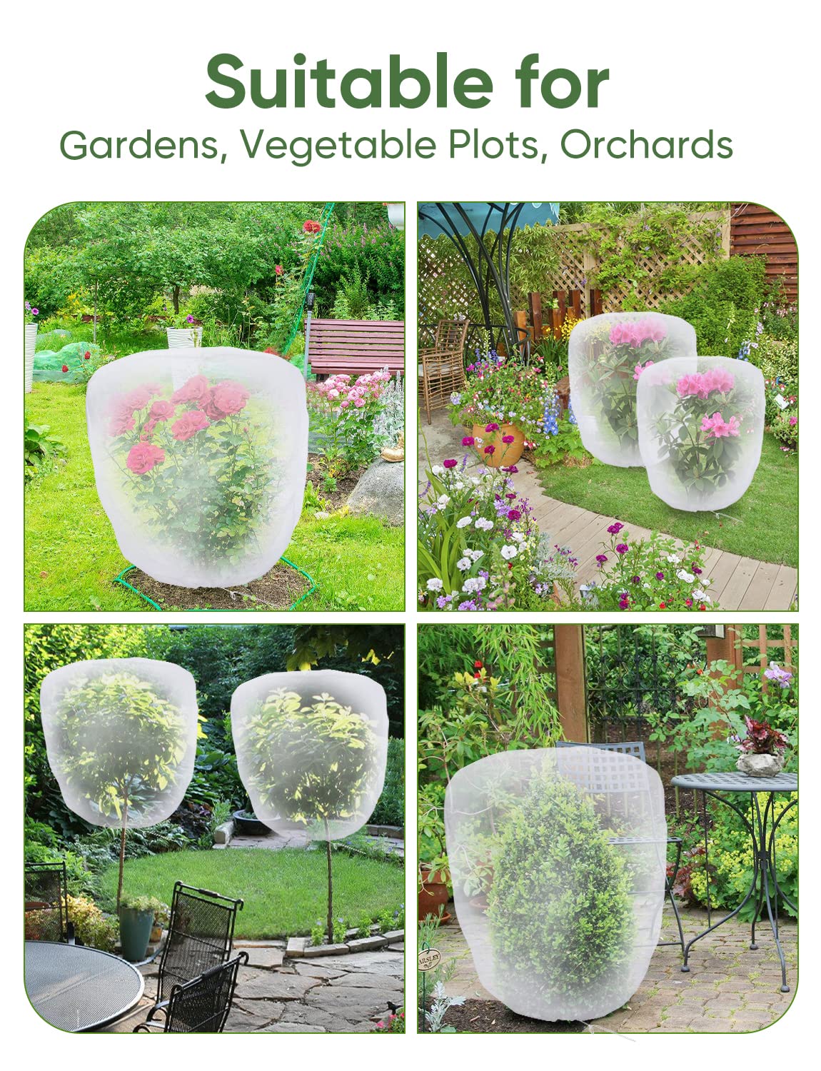 Garden Bird Protection Netting, 4 Pack Drawstring Plant Cover, 3.3Ft x 2.7Ft Pest Barrier Net, Mosquito & Cicada Proof Protective Mesh for Tomato Plants, Vegetables and Blueberry Bushes