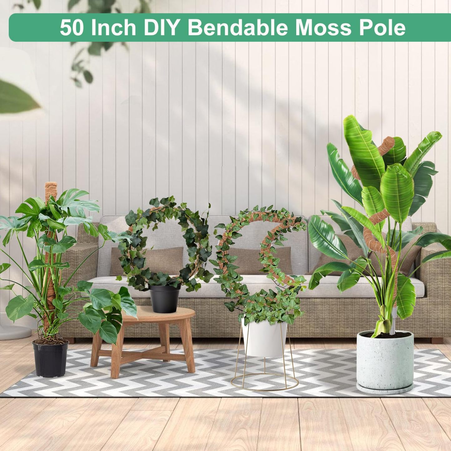 3 Pack 50 Inch Tall Coco Coir Moss Poles, Sturdy Climbing Plant Support Stakes for Monstera, Pothos, Philodendron and Indoor Tropical Plants