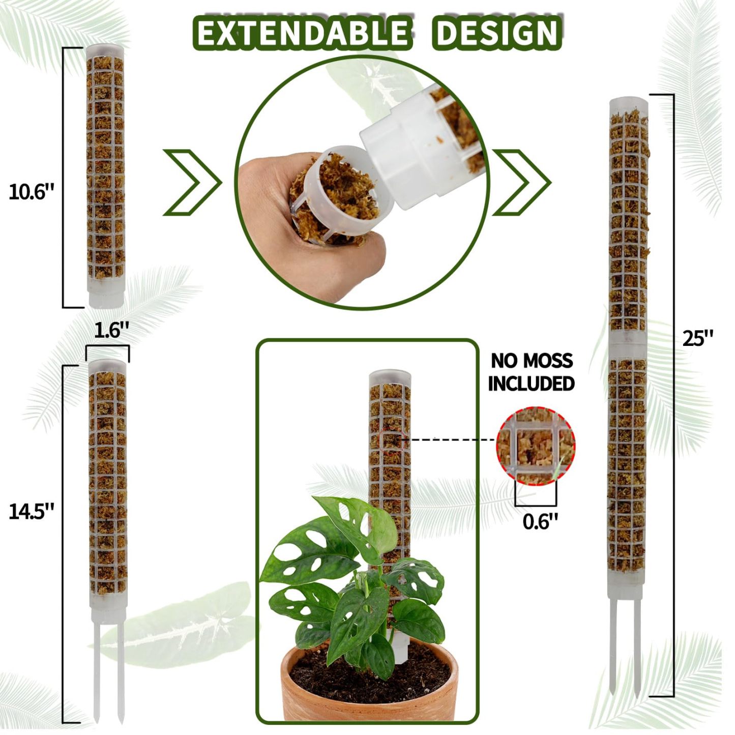 4 Pack Small Stackable Moss Pole, White Refillable Plastic Plant Support with Large Mesh Design, Climbing Plant Moss Pole for Monstera