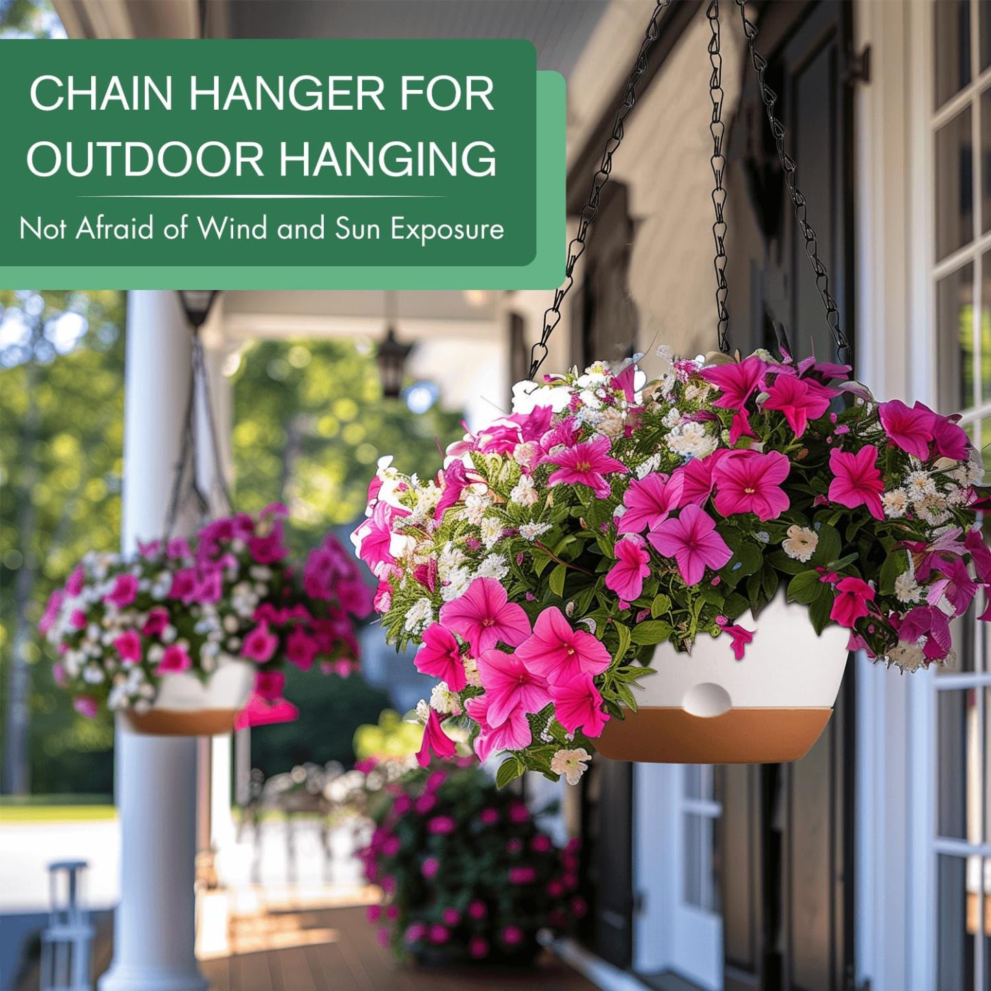 Set of 2 Pcs 10 Inch Self-Watering Hanging Planters, White Hanging Plant Pots with Drainage Hole, Outdoor Indoor Plant Baskets with 2 Types of Hangers
