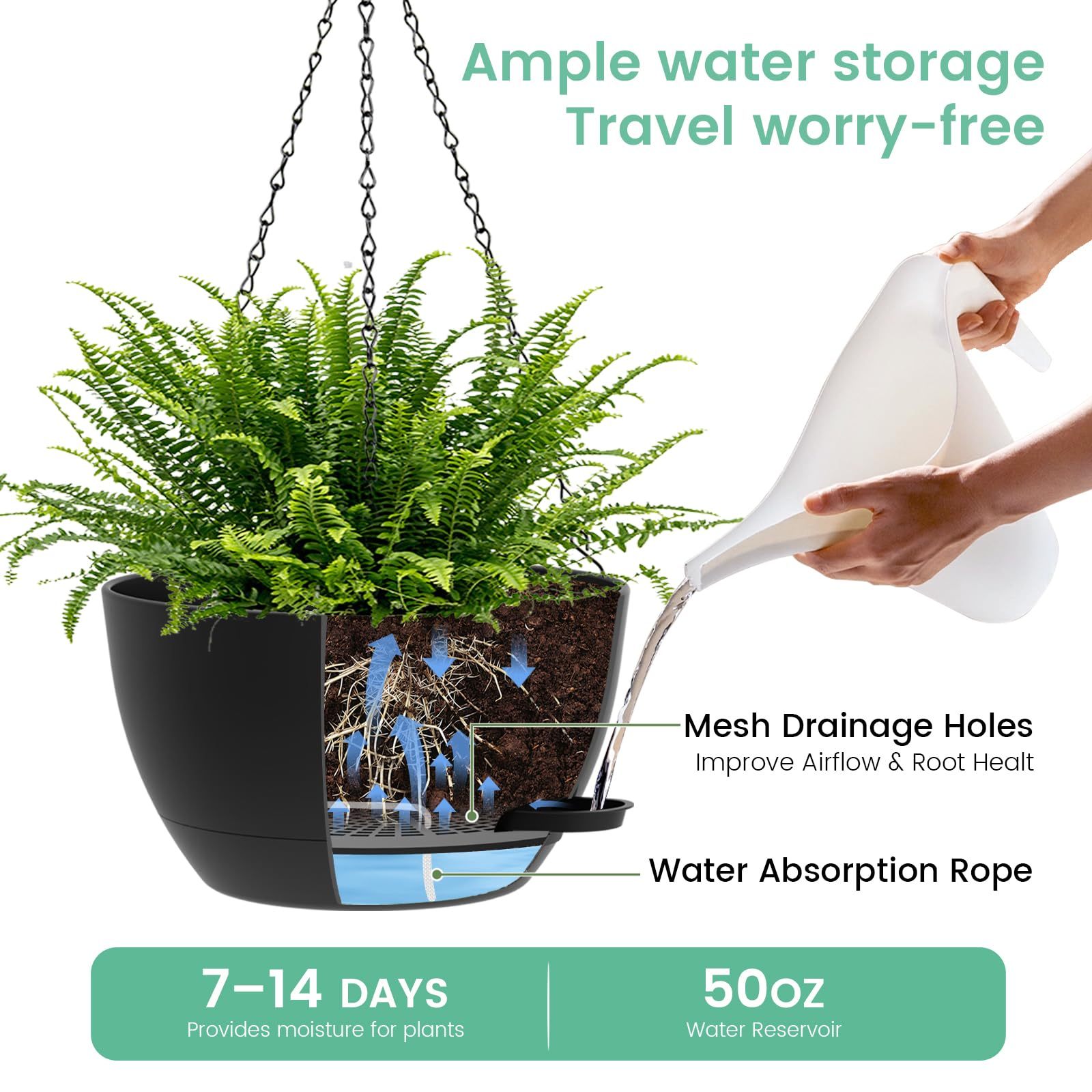 2 Pack 13 Inch Large Self Watering Hanging Planters, Plastic Hanging Plant Pots with Removable 50 Oz Water Reservoir, Indoor Outdoor Hanging Basket for Window, Porch, Garden, Balcony